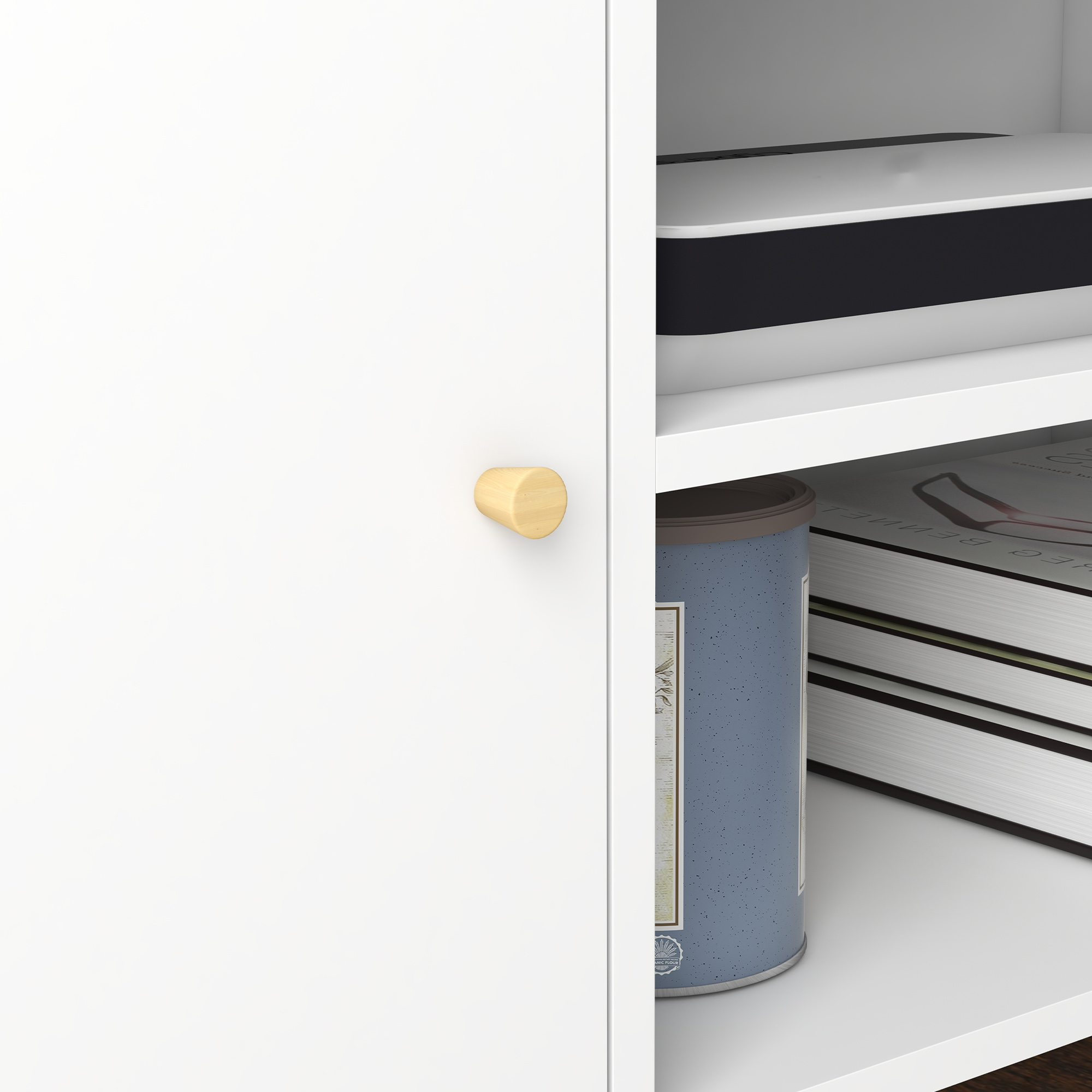  Cabinet TV 55" cu 2 Dulapuri, Usi si 2 Rafturi Deschise, Consola TV din Lemn si PAL, 120x34x50 cm, Alb [7]