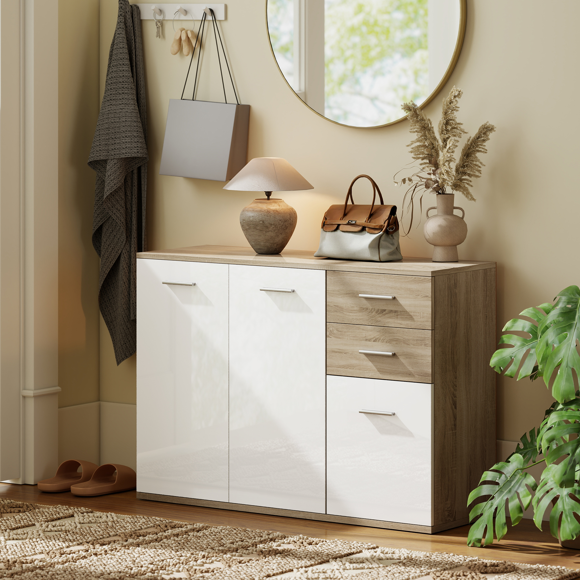  Comoda Moderna cu 3 Dulapuri si 2 Sertare din Lemn, Efect lemn [8]