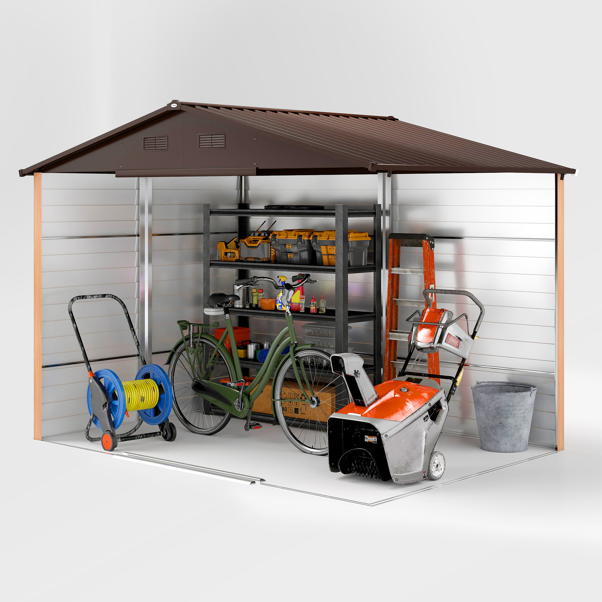  Casuta de Gradina din Otel cu Efect de Lemn si Usi Duble Glisante, 278x195x215 cm, Maro [8]