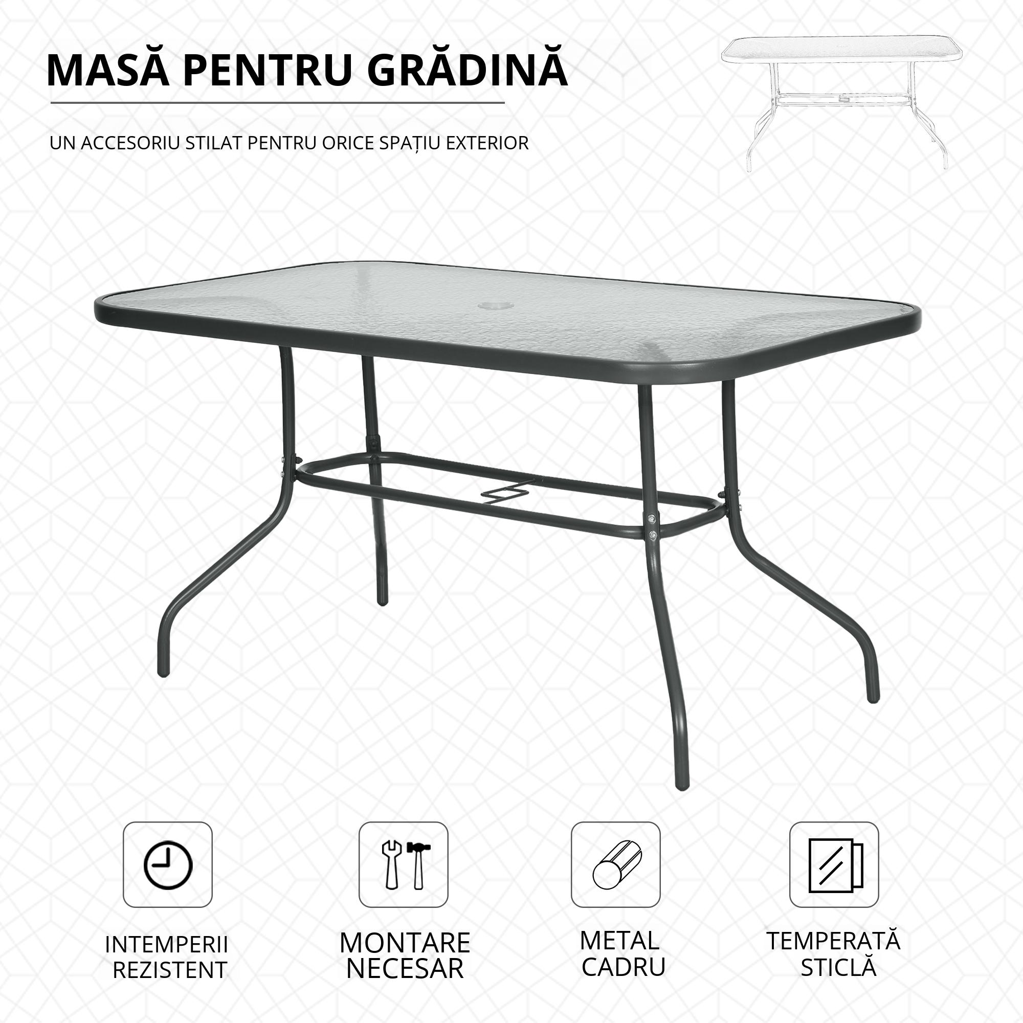 Masa de Exterior din Metal si Sticla Temperata cu Orificiu pentru Umbrela 140x80x70cm [3]