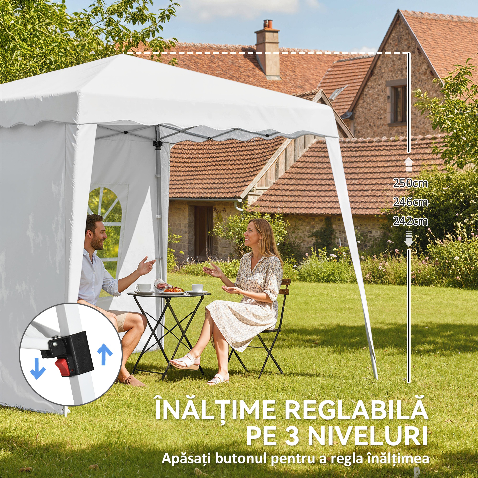  Pavilion pliabil cu 2 laterale, Stalpi oblici si geanta de transport, cort de evenimente inaltime reglabila UV50+, cort de gradina, curte, acoperis 2,4 x 2,4 m / baza 2,9 x 2,9 m, alb [5]
