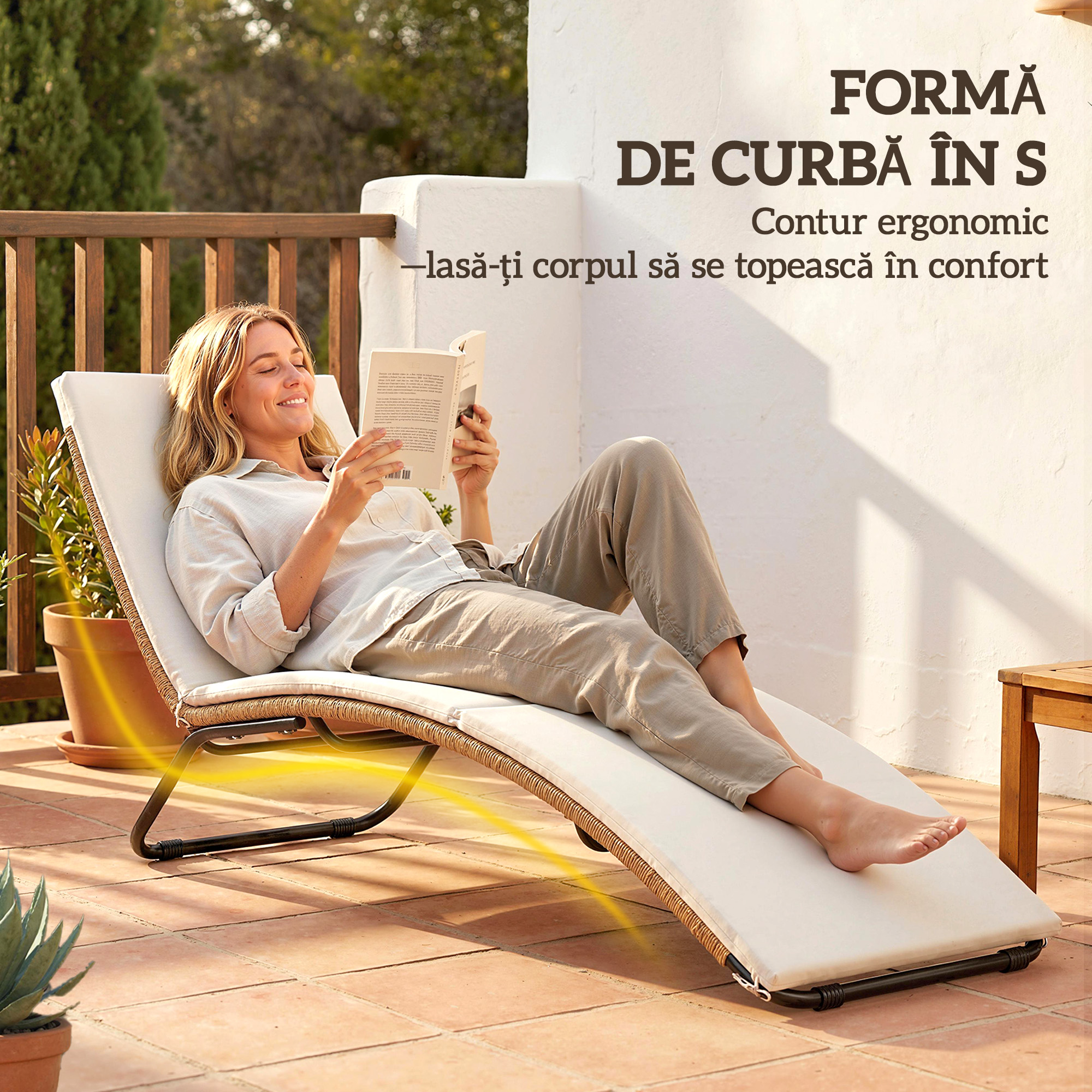  sezlong Prendisole din Ratan in Forma S cu Perna, sezlong de Gradina cu Cadru din Otel, pentru Terasa, Plaja, Piscina, Gradina, 175x57x80cm, Crem [3]