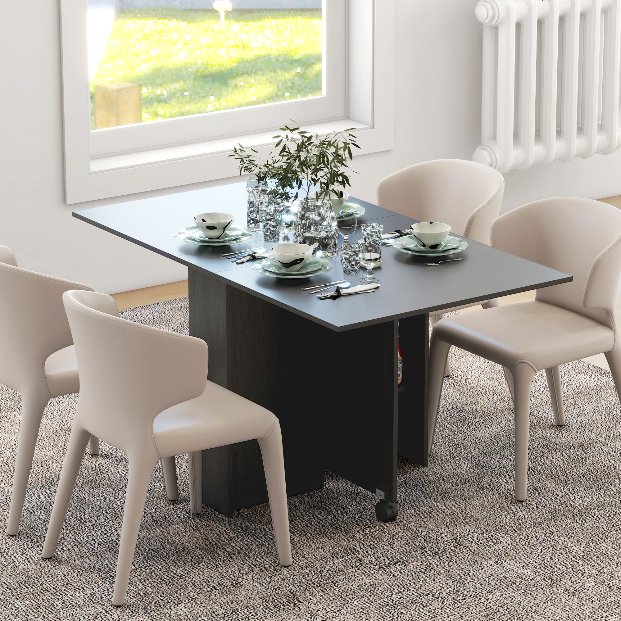  Masa pliabila compacta cu 2 extensii pentru 6 persoane, cu rafturi si roti, negru [7]