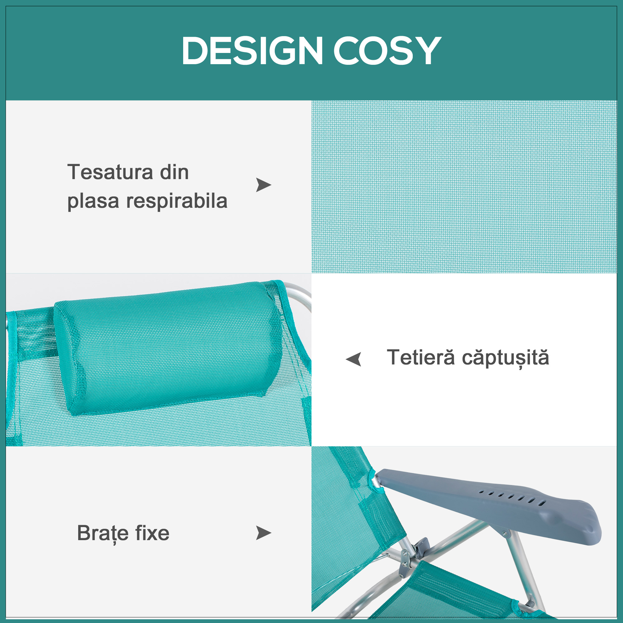  Set 2 Scaune de Camping Pliabile cu Tetiera Captusita si Spatar Reglabil in 6 Pozitii, 62x65x80 cm, Albastru [5]