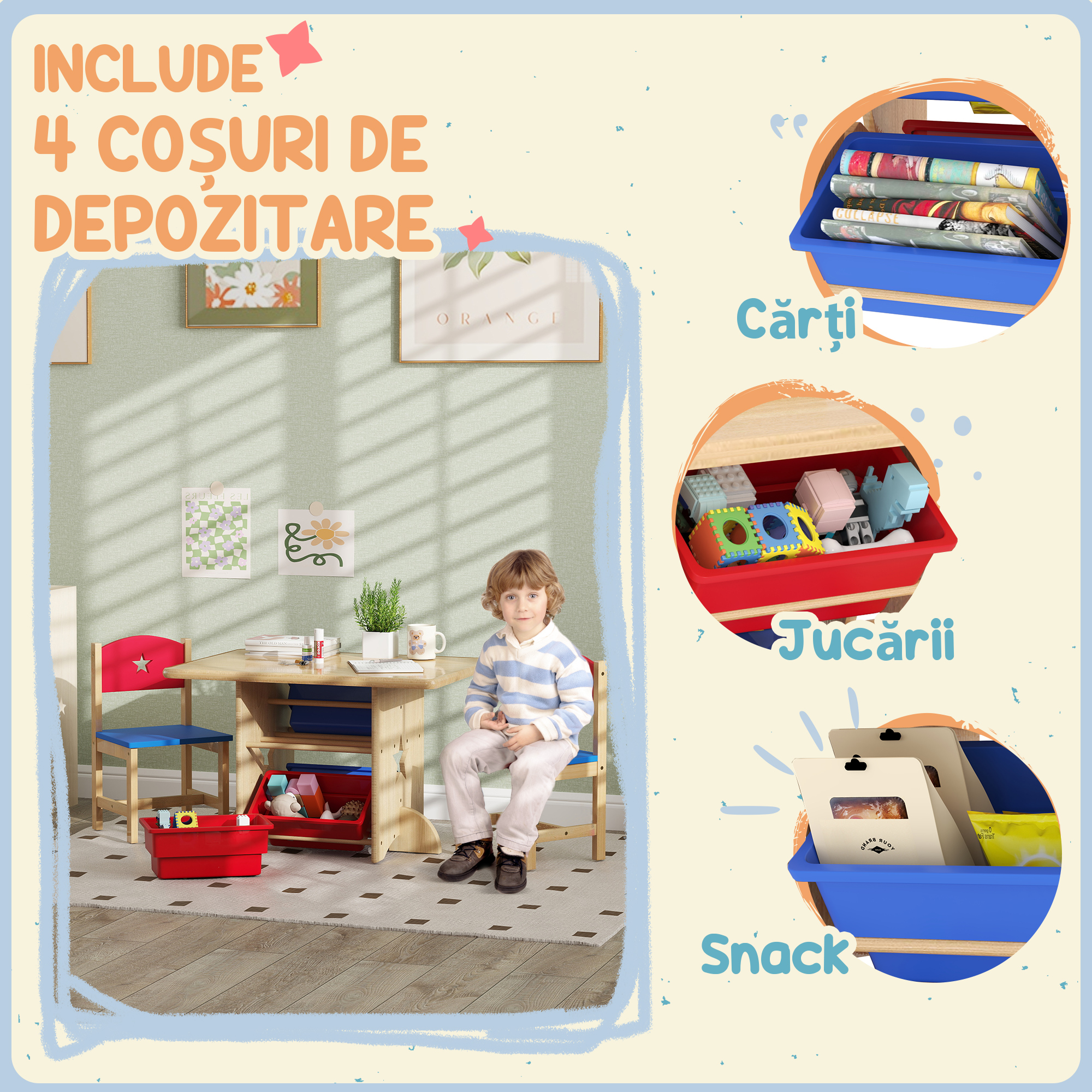  Set Masa si Scaune pentru Copii 3-7 Ani, cu 2 Scaune si 4 Compartimente de Depozitare, 77x57x50 cm, Lemn Natural [3]