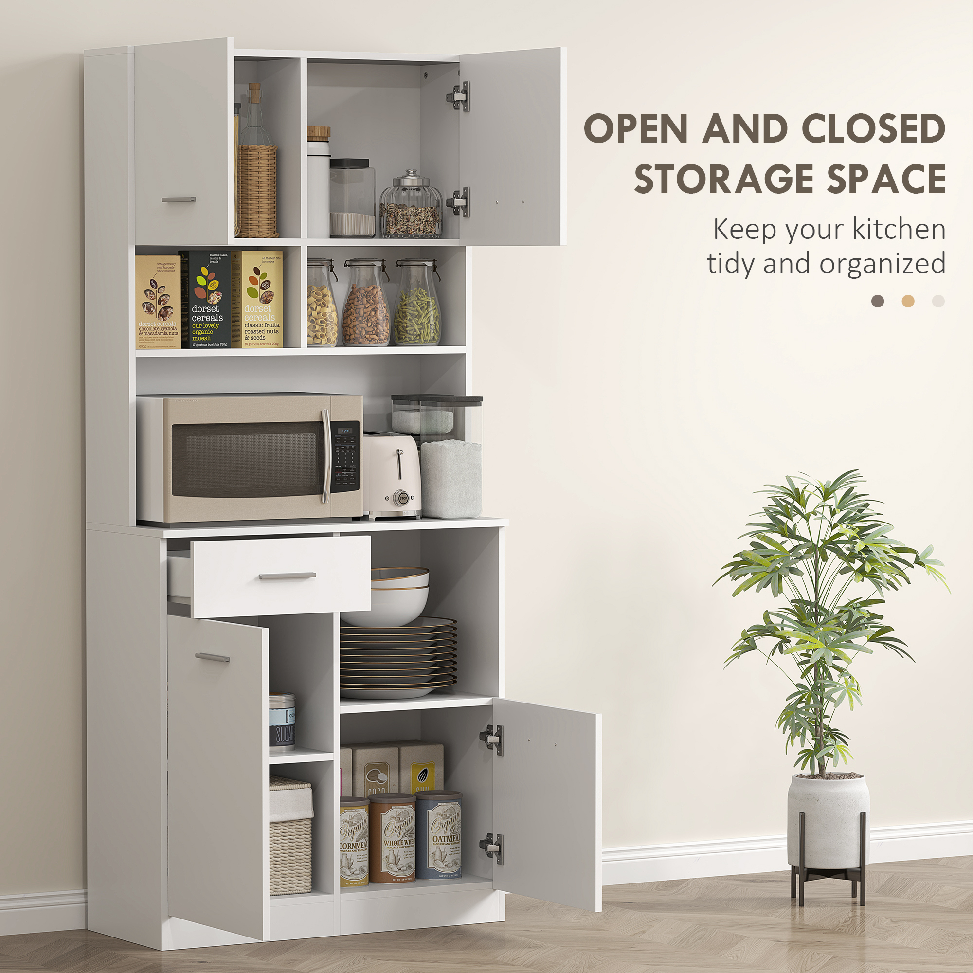  Dulap inalt pentru Bucatarie cu Sertar, 4 Dulapuri si 3 Spatii Deschise, 80x35x180 cm, Alb [3]