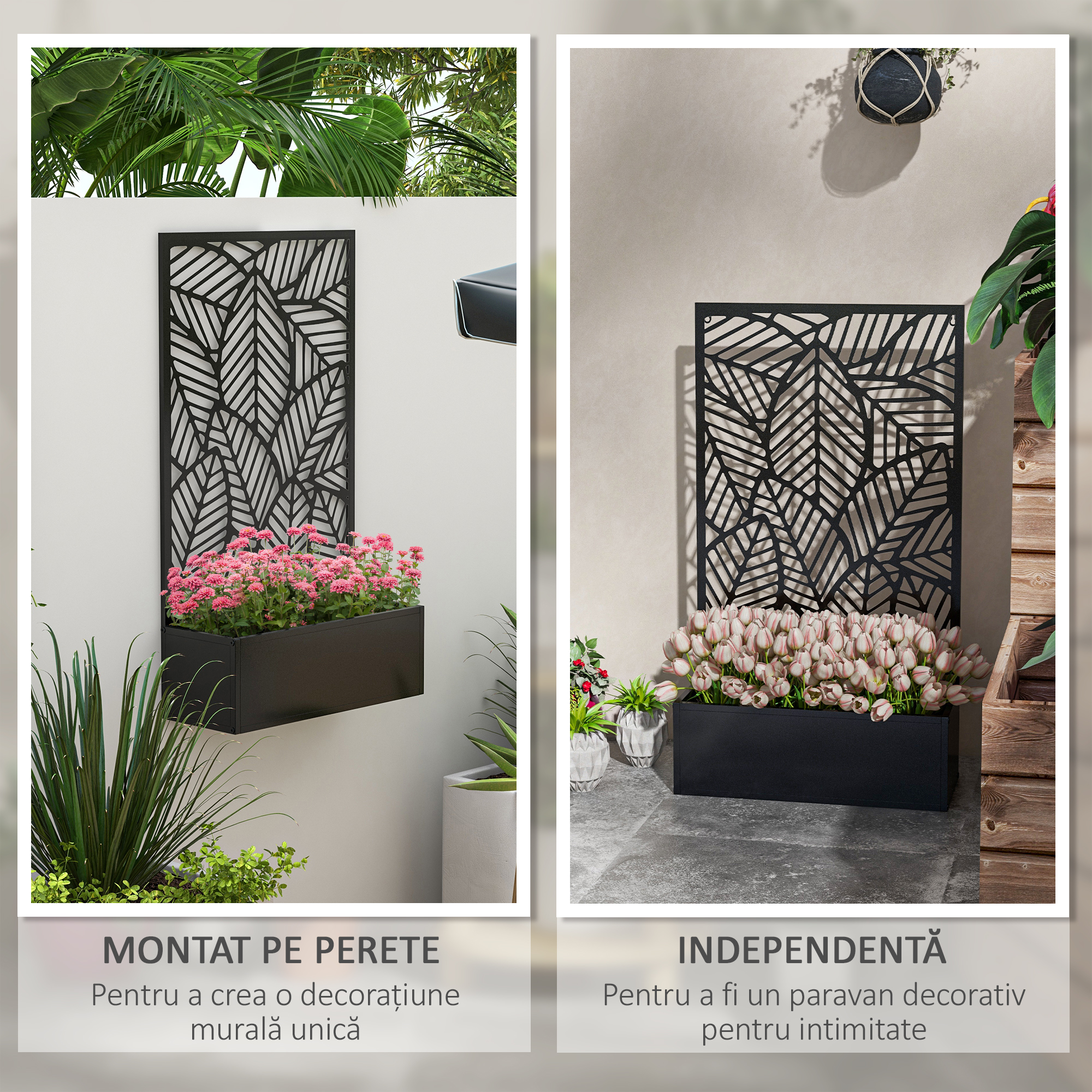  Jardiniera Metalica inaltata pentru Exterior cu Suport de Intimitate, Panou Decorativ si Vas pentru Plante, Montabila pe Perete sau Independenta, Negru [3]