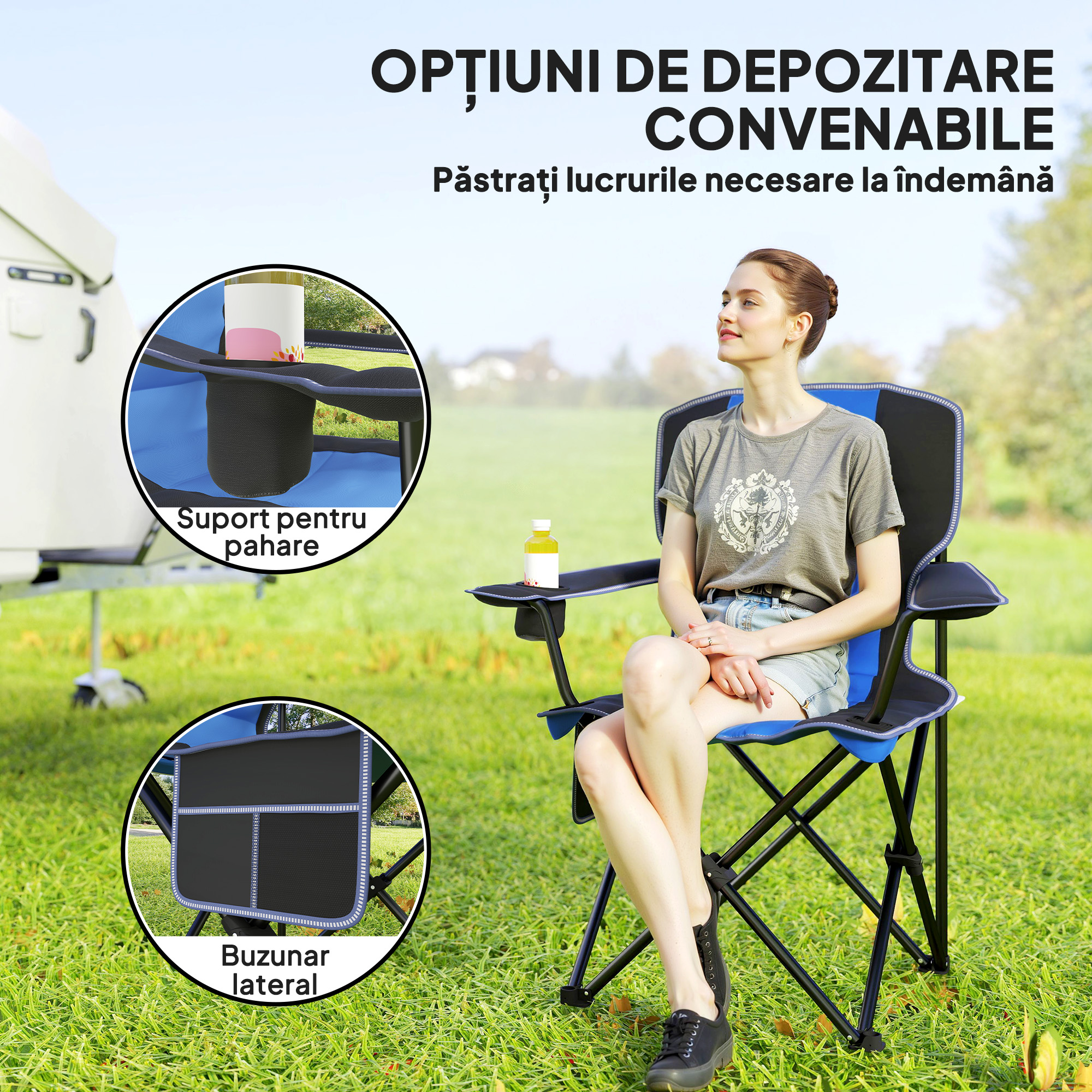  Scaun de Camping Pliabil cu Buzunar si Suport pentru Pahar, 94x62x110 cm, Albastru [5]