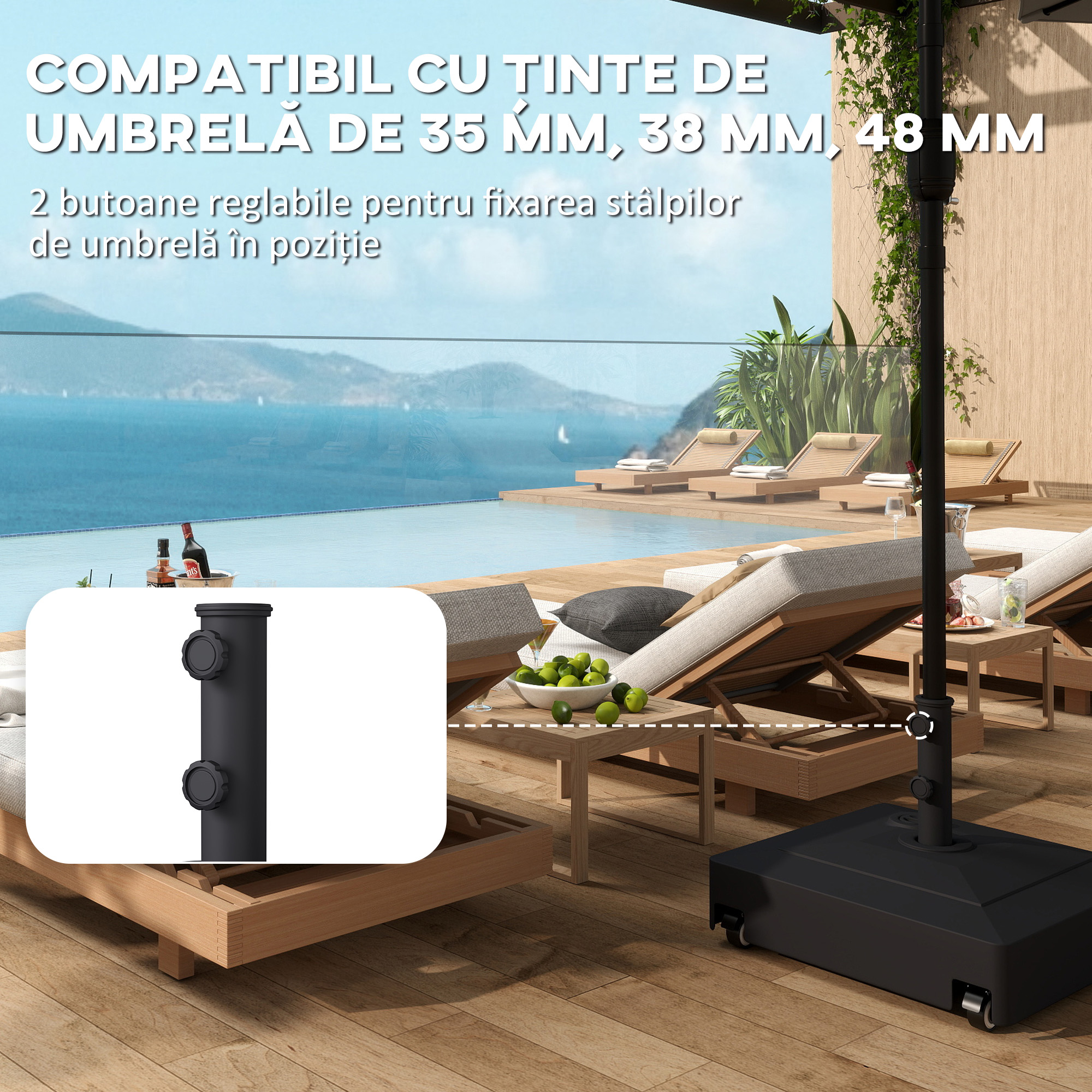 Baza pentru Umbrela cu Roti si Frane, Reumplere cu Apa 40kg/Nisip 61kg, pentru Stalpi de Ø35/38/48mm, Negru [3]