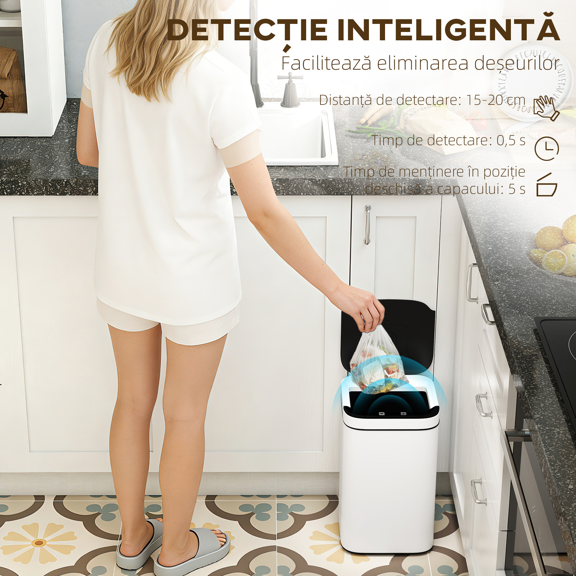  Cos de Gunoi de 13L cu Senzor, din Otel si PP, 24x24x41 cm, Alb [3]