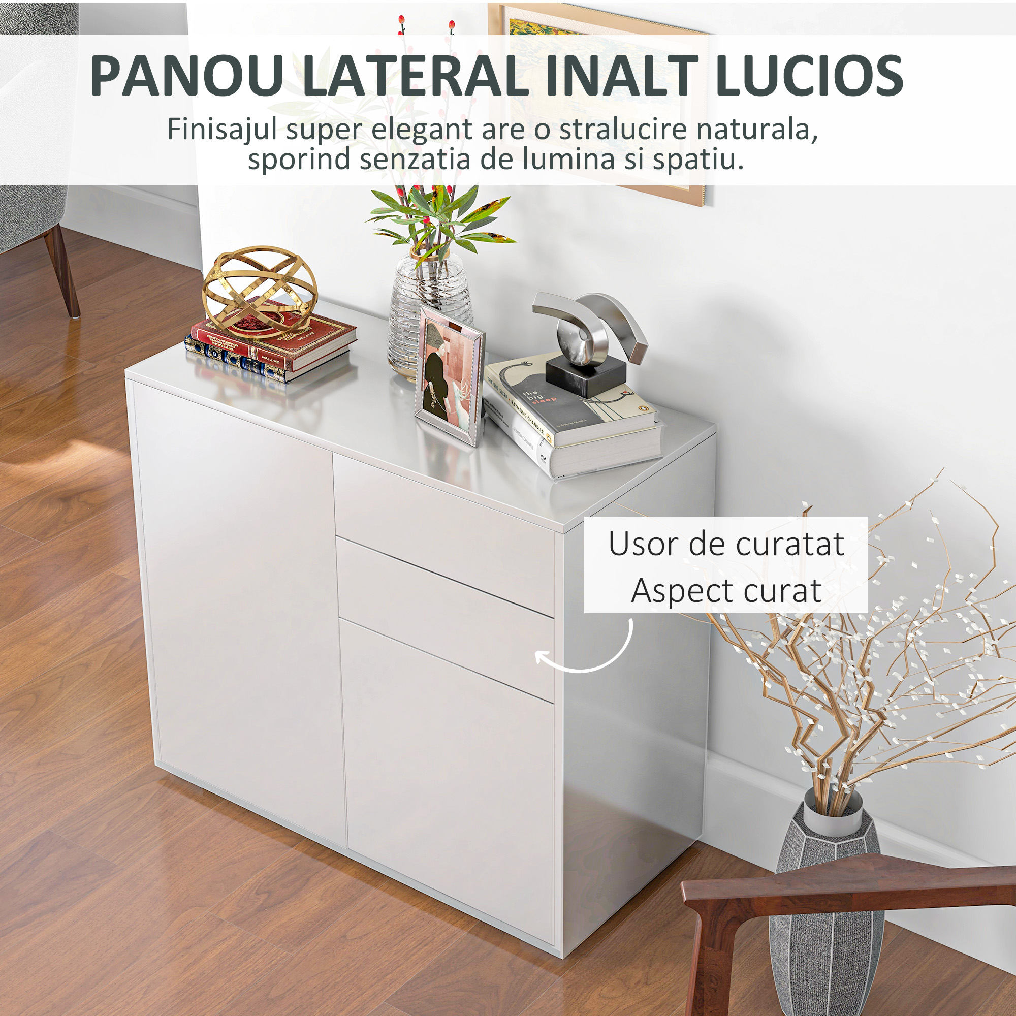  Comoda cu 2 dulapuri si 2 sertare, 79x36x74cm, alb lucios [4]