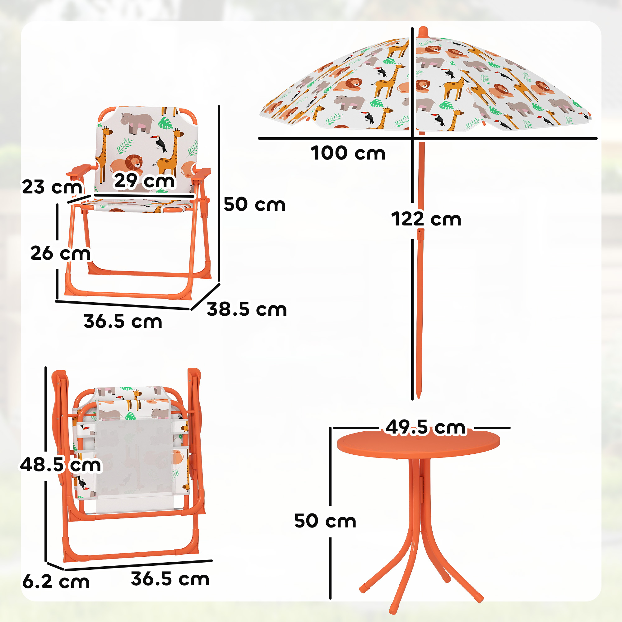  Masa de Picnic pentru Copii, Set Masa si Scaune cu 2 Scaune Pliabile si Umbrela Detasabila, Tematica Jungla, Mobilier de Exterior pentru Gradina, Patio, Portocaliu [2]