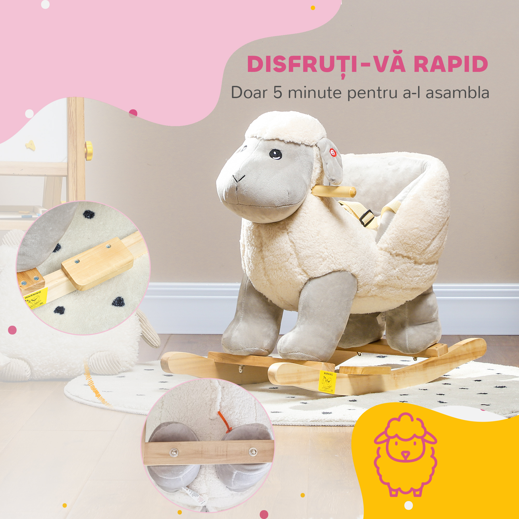  Oaia balansoar pentru copii 18-36 luni, cu sunete si material moale, gri [5]