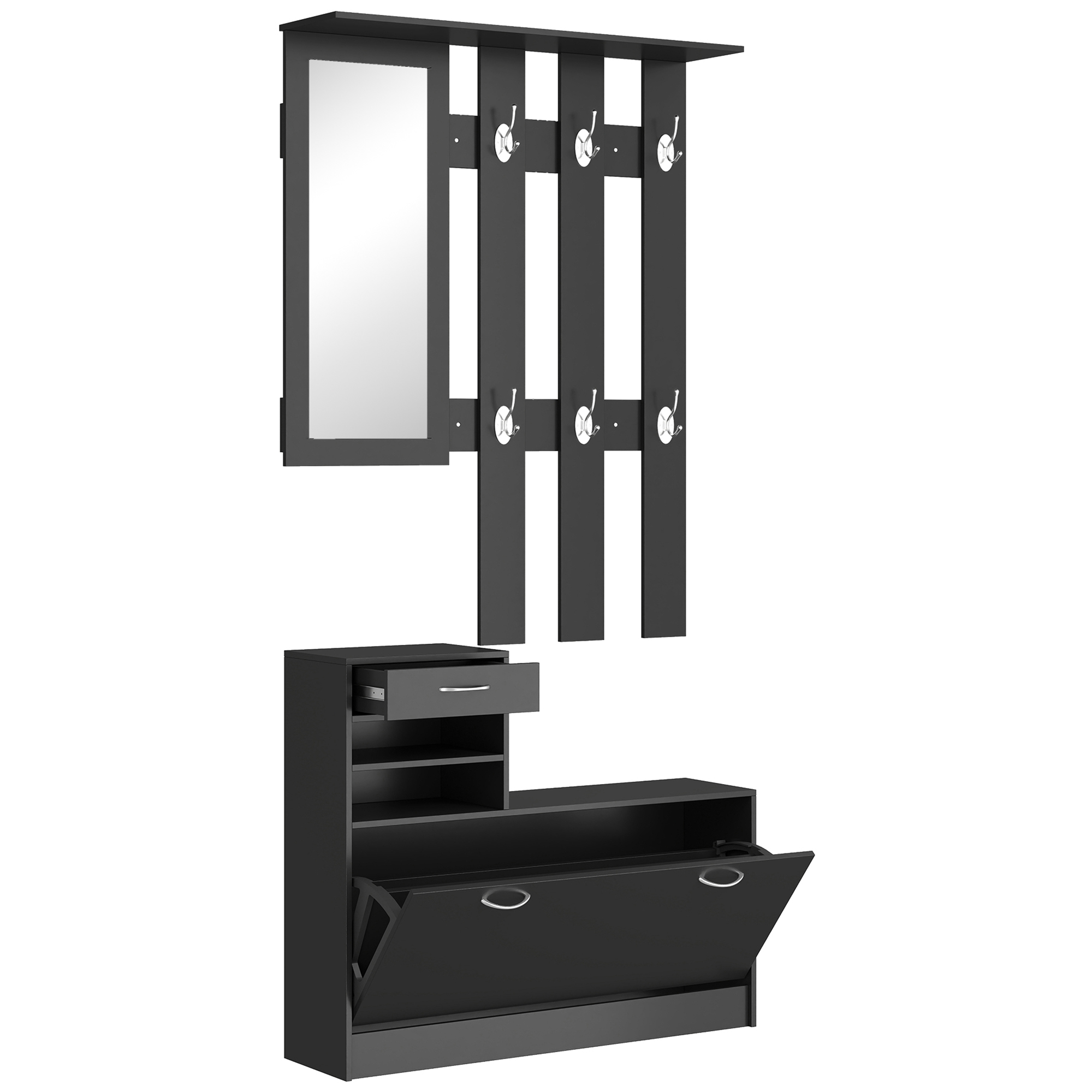 Cuiere -  Dulap pentru Intrare Cuier cu Pantofar si Oglinda, Rafturi si Sertar, Dulap Cuier din PAL, 90x10x91 cm, Negru