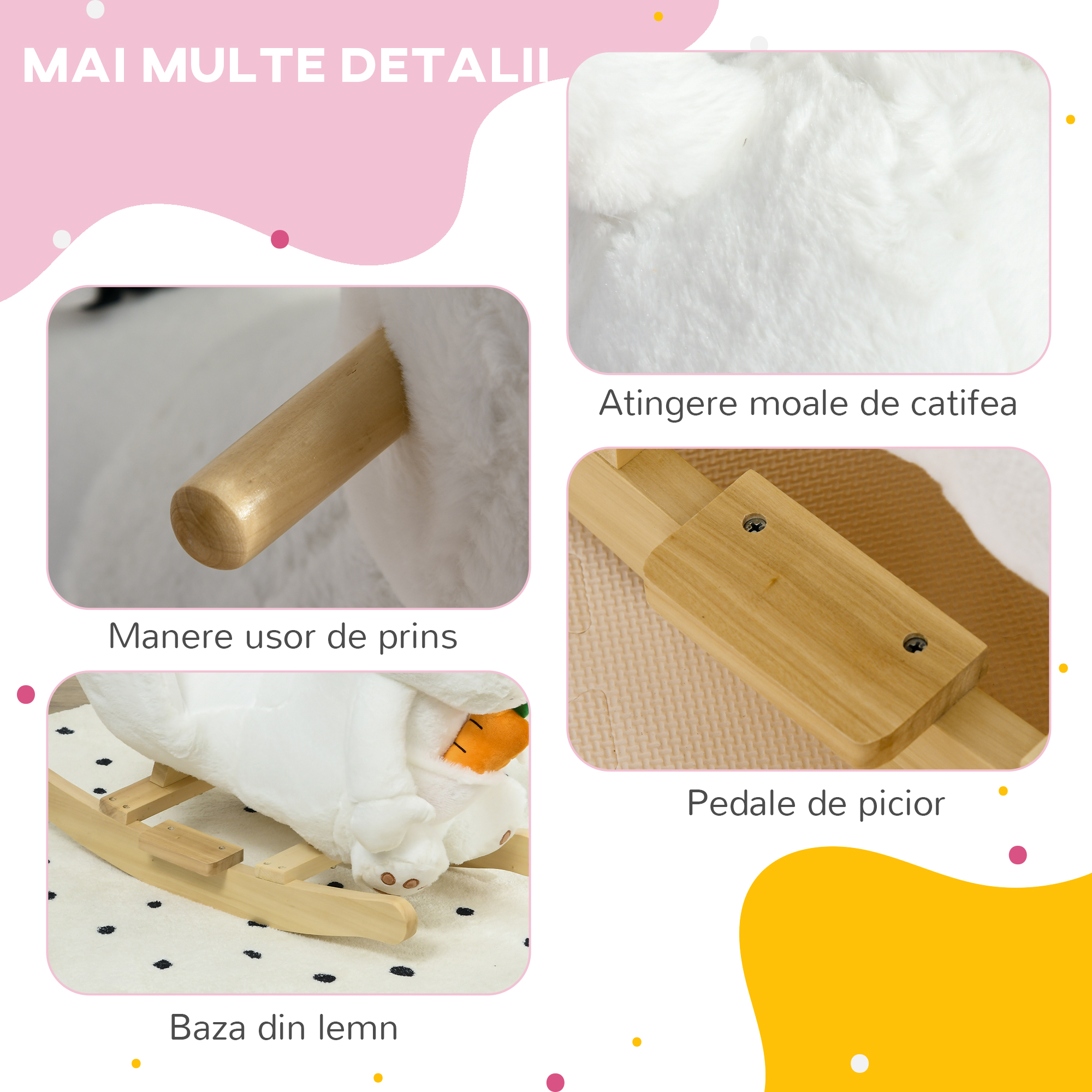  Jucarie Balansoar in forma de Iepuras cu Sunete si Centura de Siguranta, 60x33x50 cm, Alb [6]