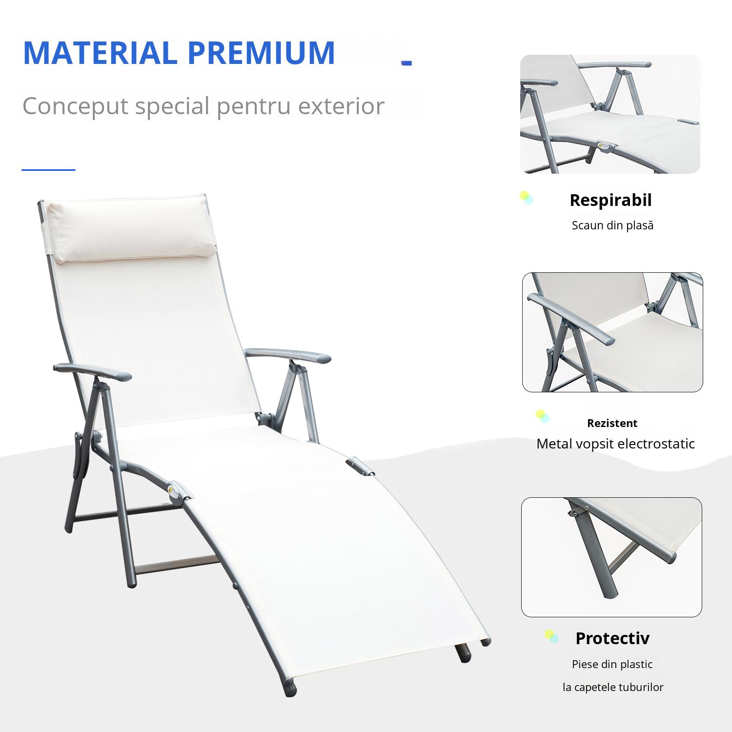  Sezlong Scaun de Gradina Pliabil Spatar Reglabil, Crem Argintiu [3]