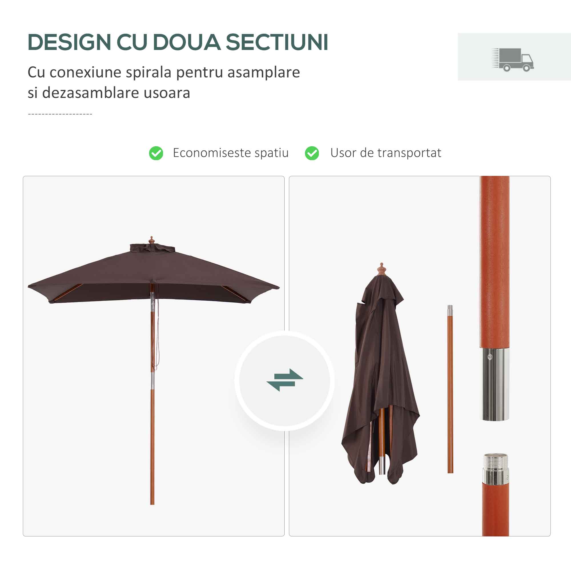  Umbrela dreptunghiulara inclinabila 2x1,5 m cu 6 spite si deschidere cu sfoara, din bambus si poliester, culoare cafea [6]