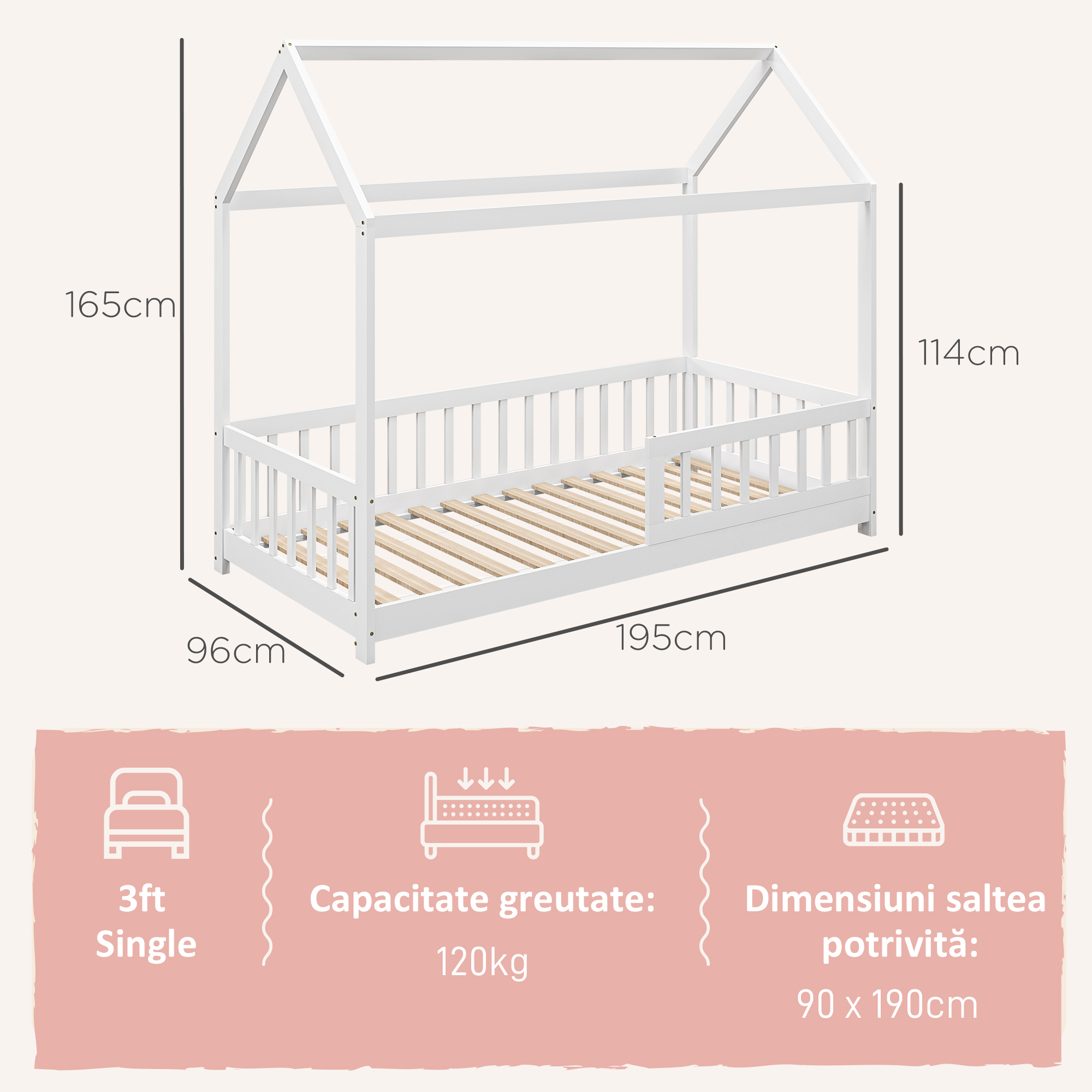  Pat Montessori pentru Copii in Forma de Casuta cu 15 sipci si Bariere de Protectie, 96x195x165 cm, Alb [3]