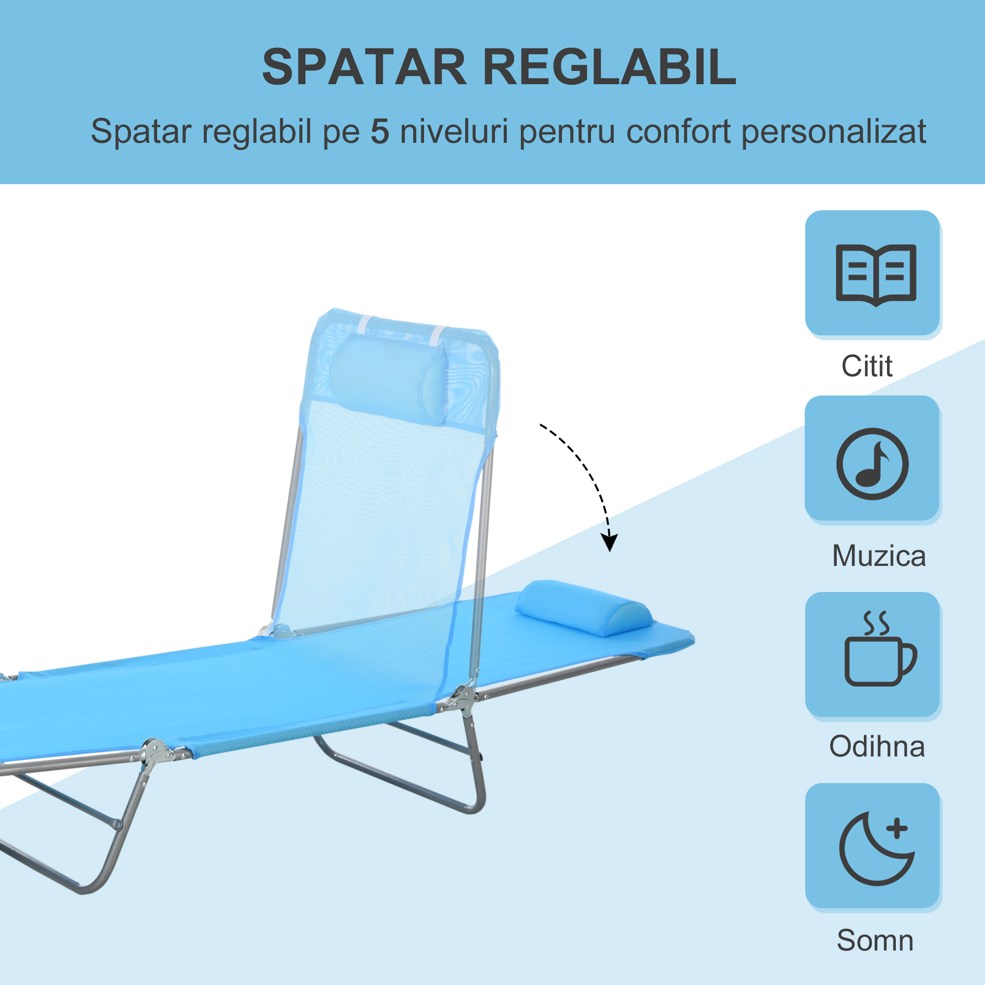  sezlong pliabil cu spatar reglabil si perna, 182x56x28cm [3]