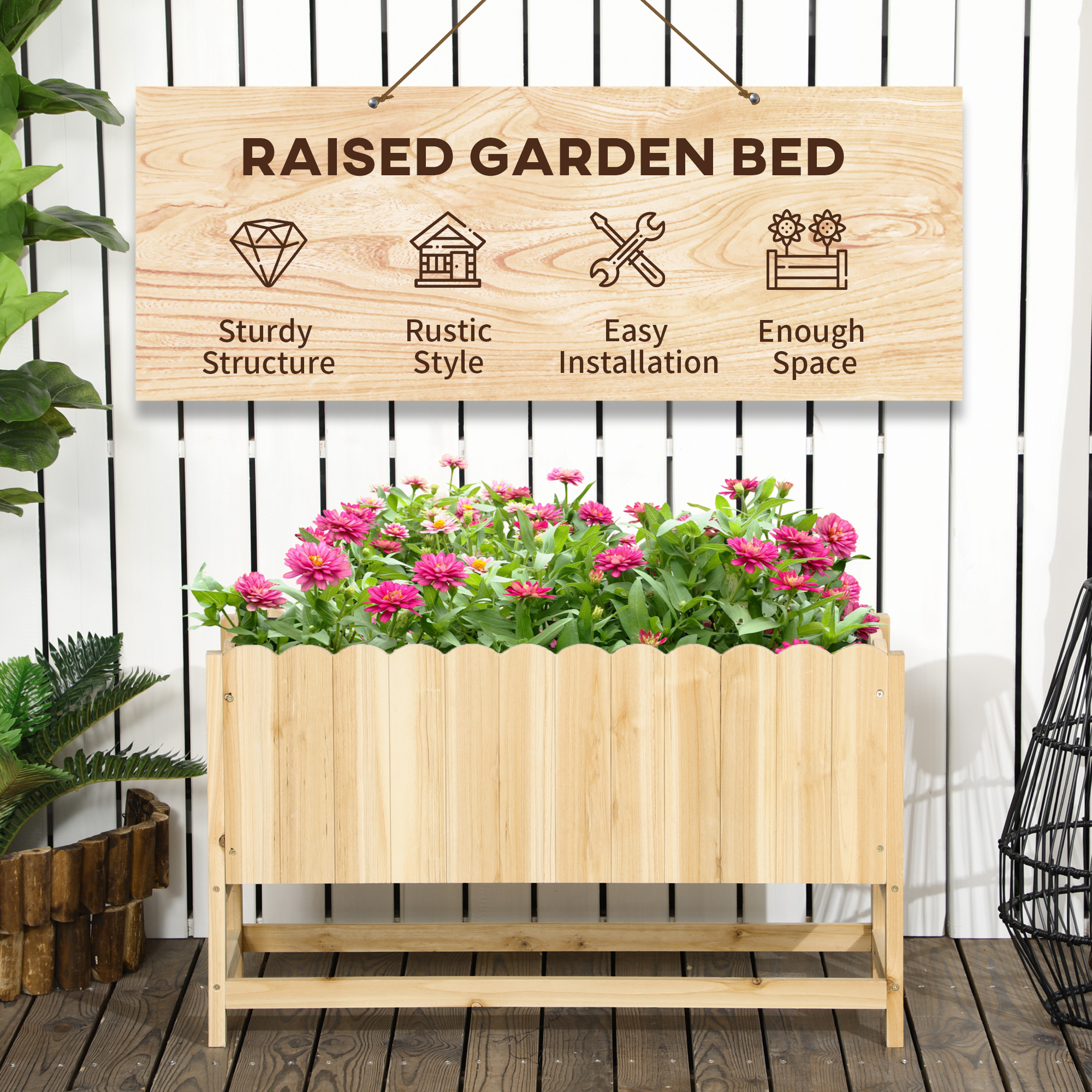  Jardiniera pentru exterior, verticala si de dimensiuni reduse din lemn de brad cu orificiu de scurgere si protectie interioara, 86x30x50 cm, culoarea lemnului [3]