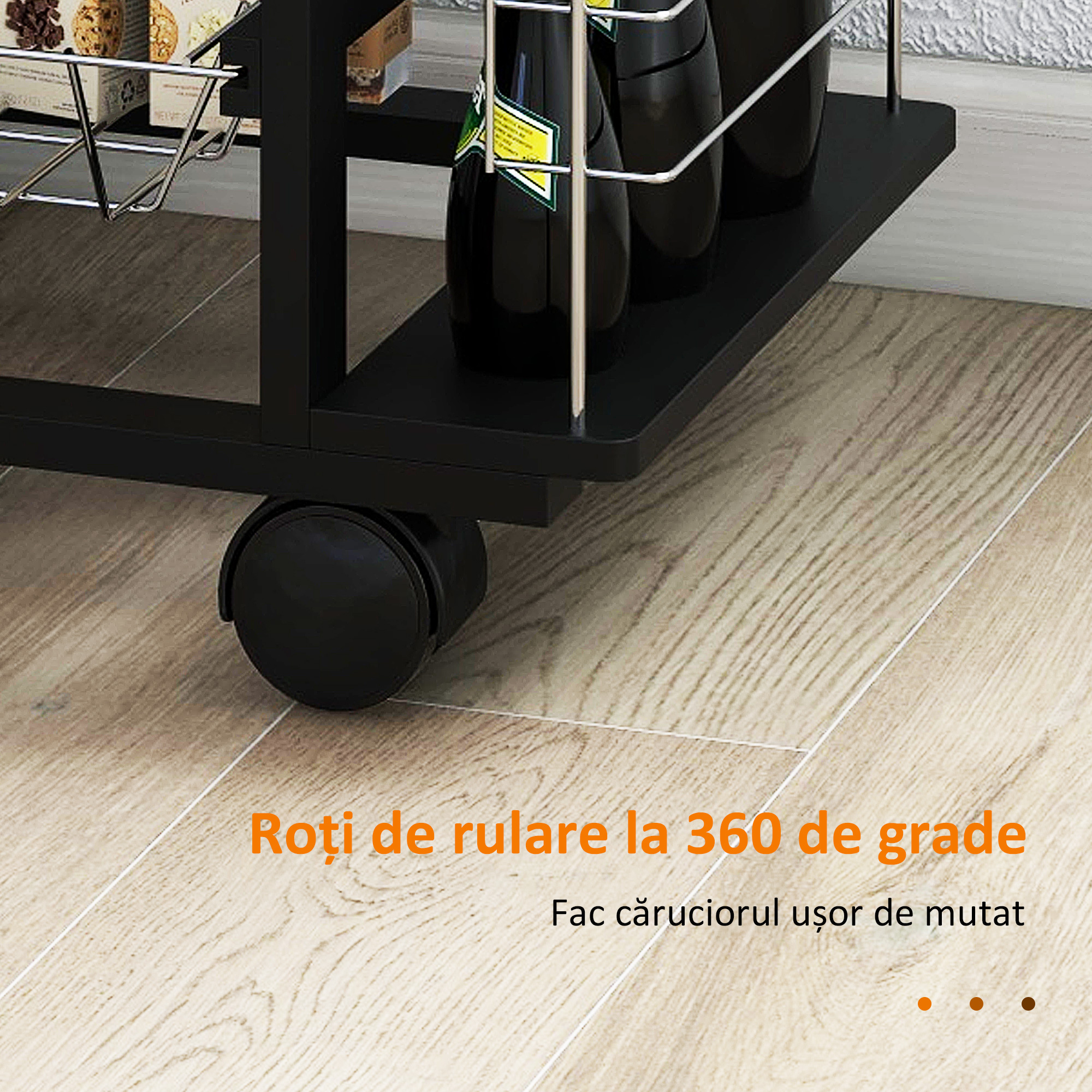  Carucior de Bucatarie cu Sertar, 4 Cosuri de Fructe Detasabile si Blat de Ceramica, 57x37x83 cm, Negru [5]