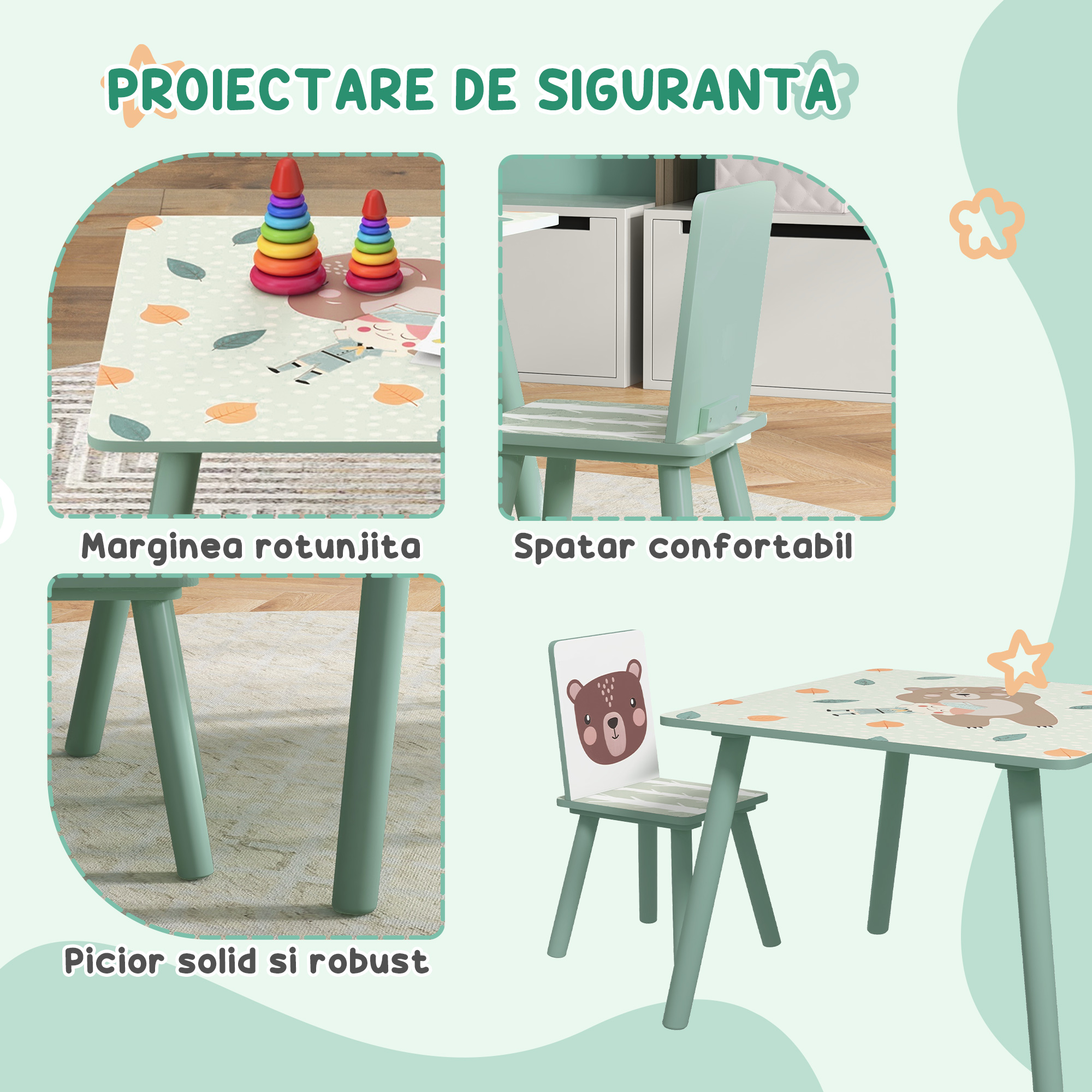  Set masa si scaun 3 piese pentru copii MDF lemn de pin desene animale verde distractie copii indemanare confortabil pentru copii model cu desene [4]