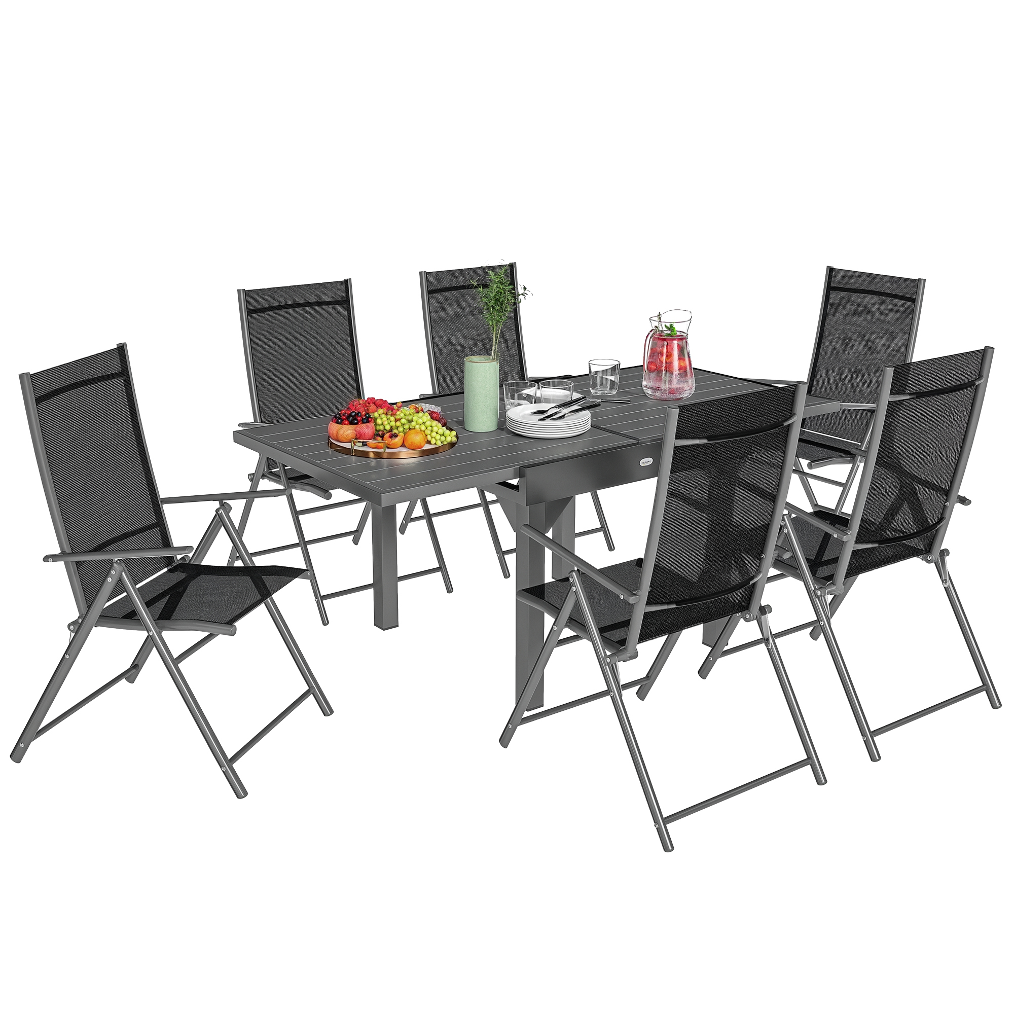 Gradina & balcon -  Set de Gradina din 7 Piese cu Masa Extensibila si 6 Scaune Pliabile cu Brate, 90/180x90x75 cm, Gri si Negru