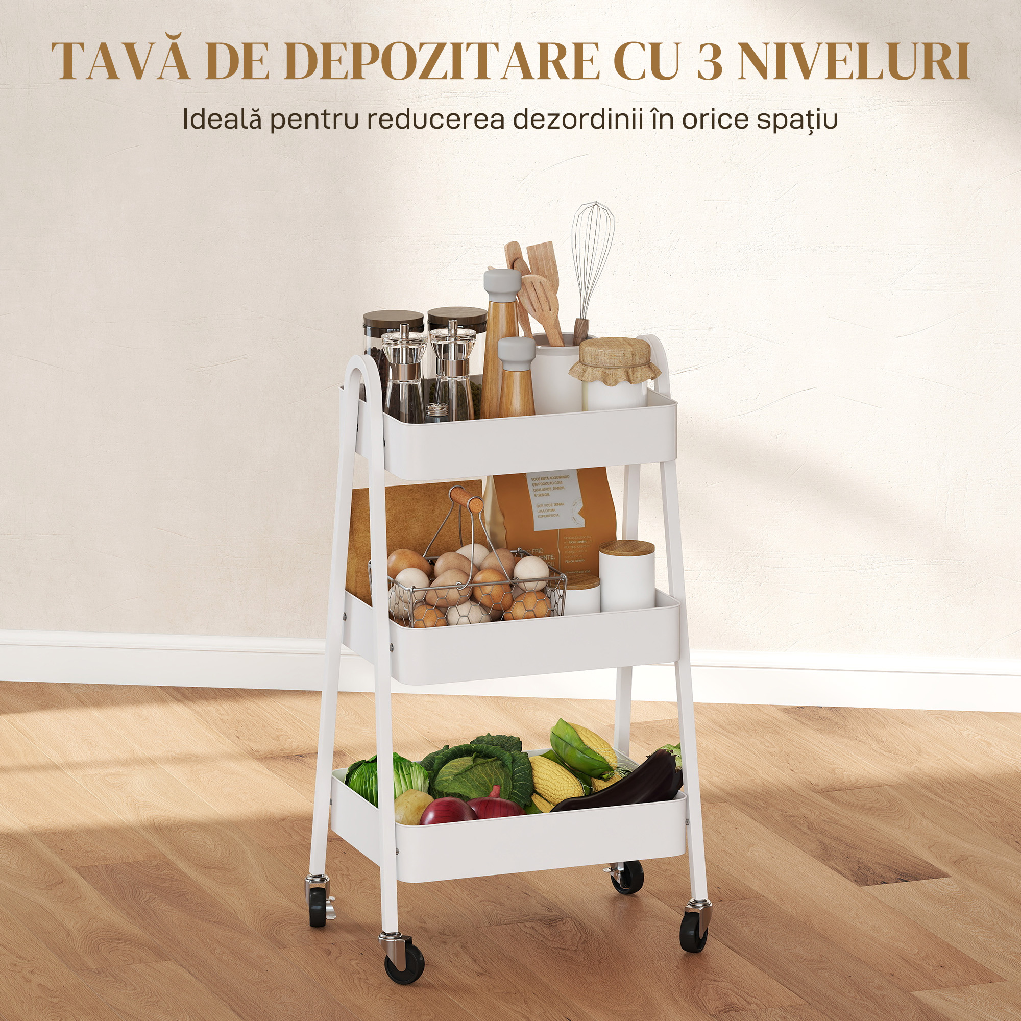  Carucior Multifunctional pentru Bucatarie cu 3 Niveluri, Roti Pivotante cu Frana si Manere, Alb [3]