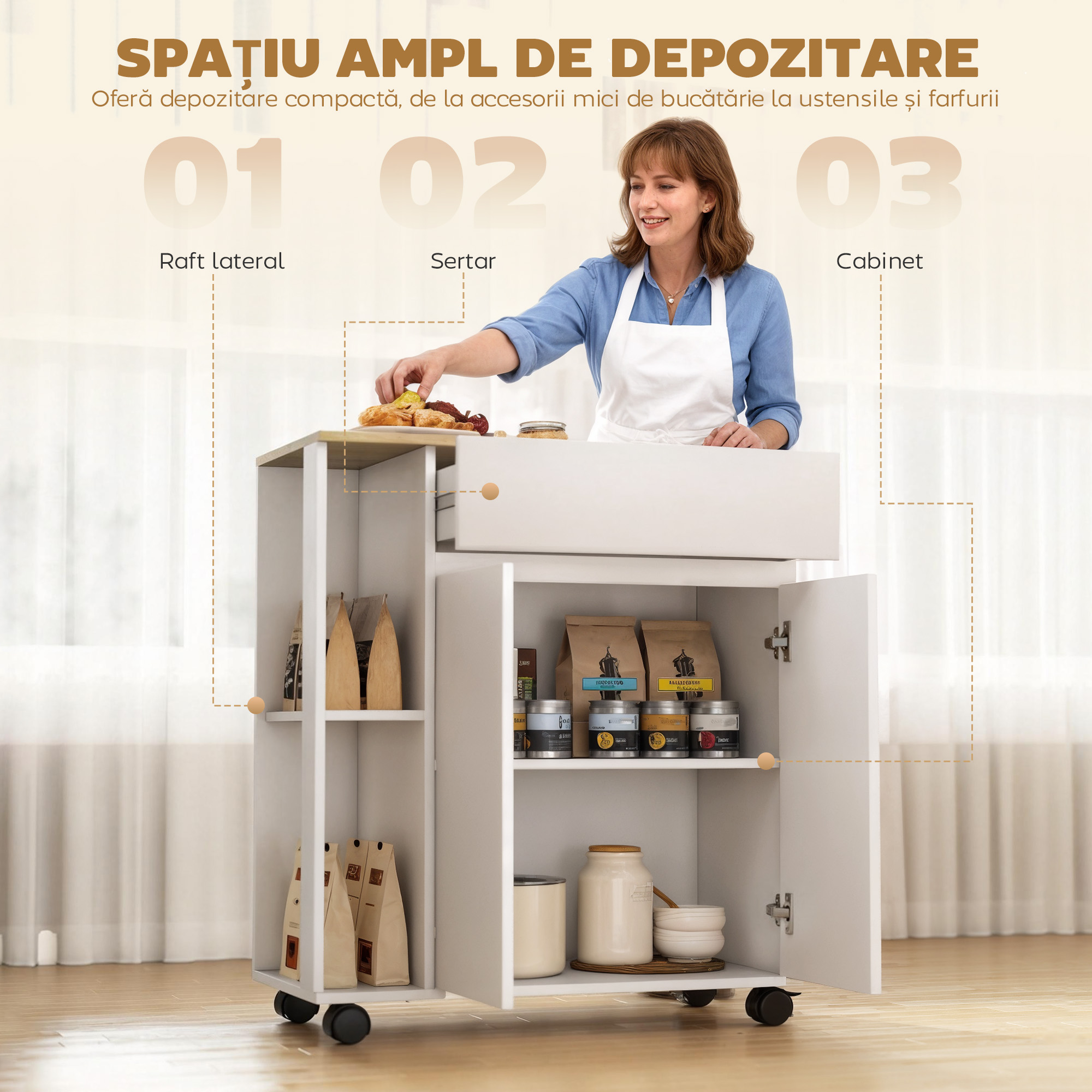  Carut de Bucatarie cu Sertar, Dulap si 2 Rafturi Laterale, din Lemn, 78x39,5x88,5 cm, Alb si Stejar [3]