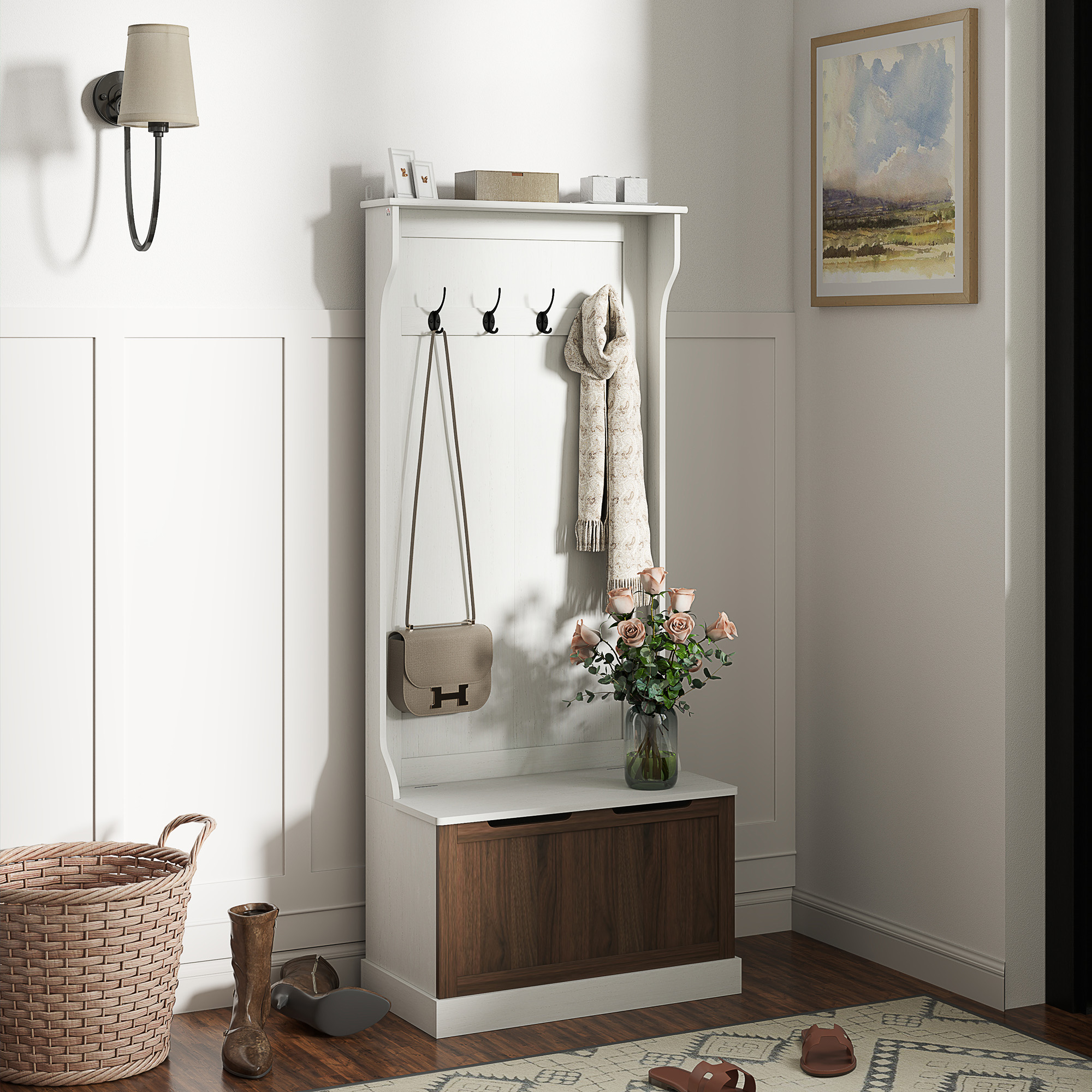  Cuier de Intrare 3 in 1 cu 4 Carlige, Etajera pentru Pantofi si Banca Depozitare, 71,5x39,5x170 cm, Maro [1]