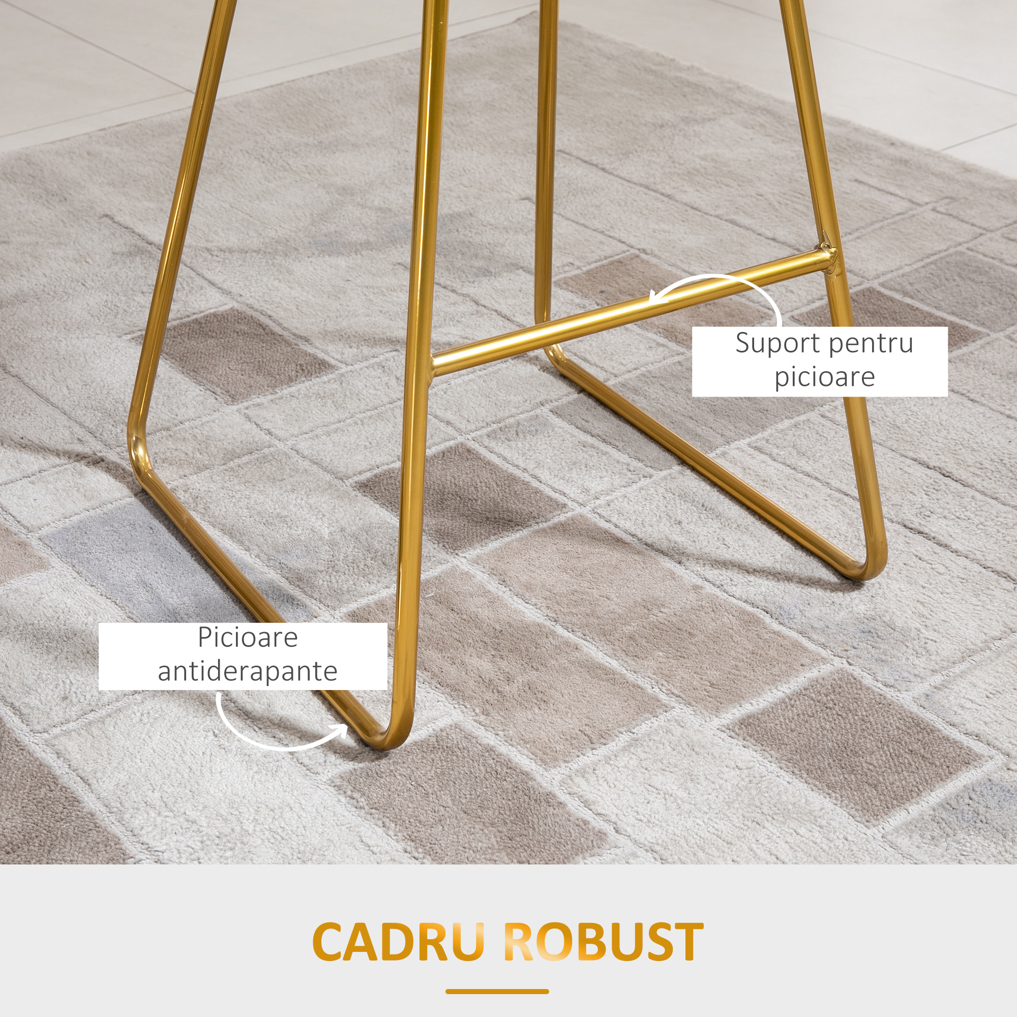  Set 2 Scaune Inalte, Suport pentru picioare, Perna de catifea, Poliester/Metal, 52.5x47x97cm, Negru/Auriu [4]