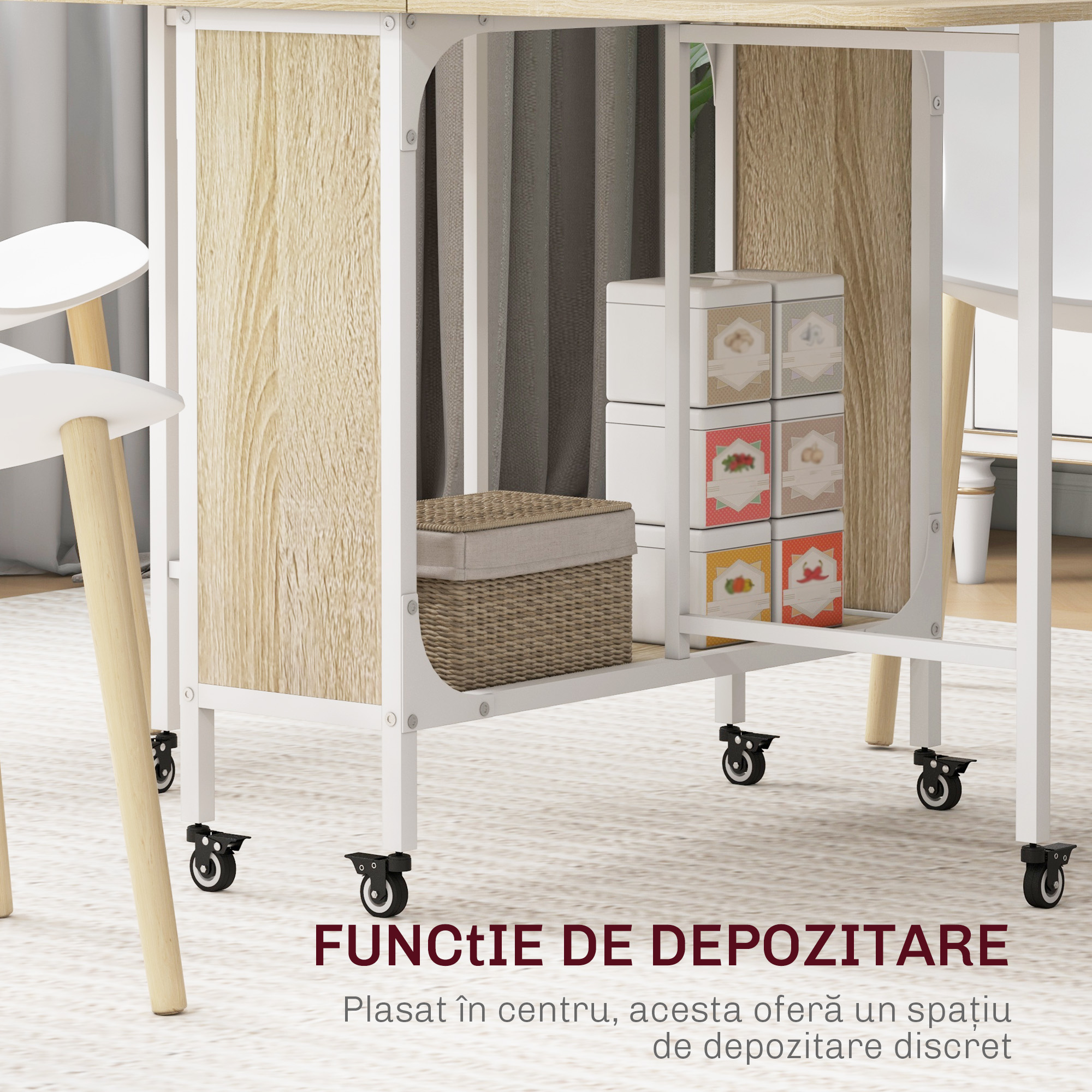  Masa de Dining Pliabila pentru 6 Persoane, cu Raft, din Lemn si Metal, 130x80x74 cm, Alb si Culoare Lemn [4]