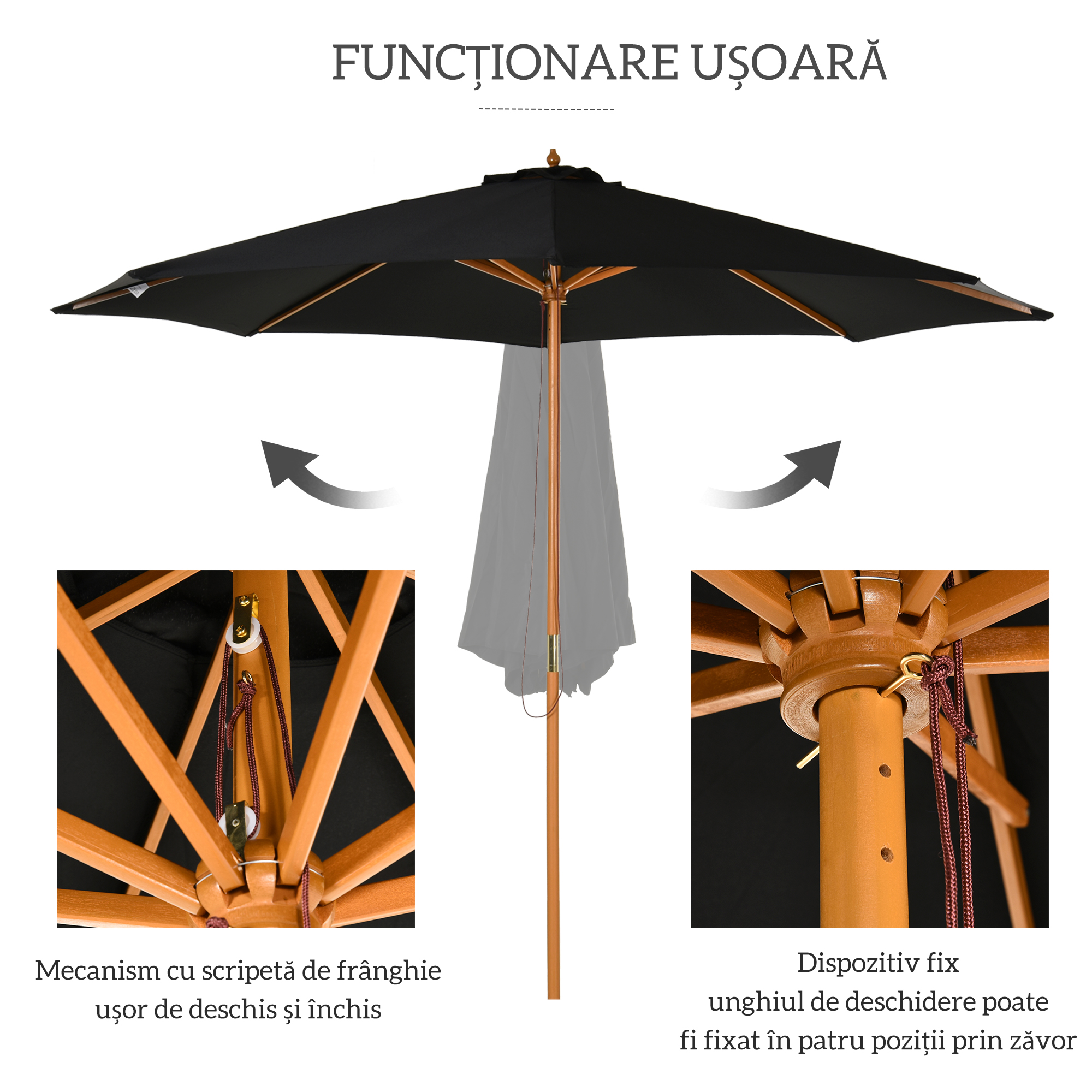  Umbrela de Gradina 3 m cu Stalp din Lemn, 8 Spite si Acoperire din Poliester, Neagra [3]