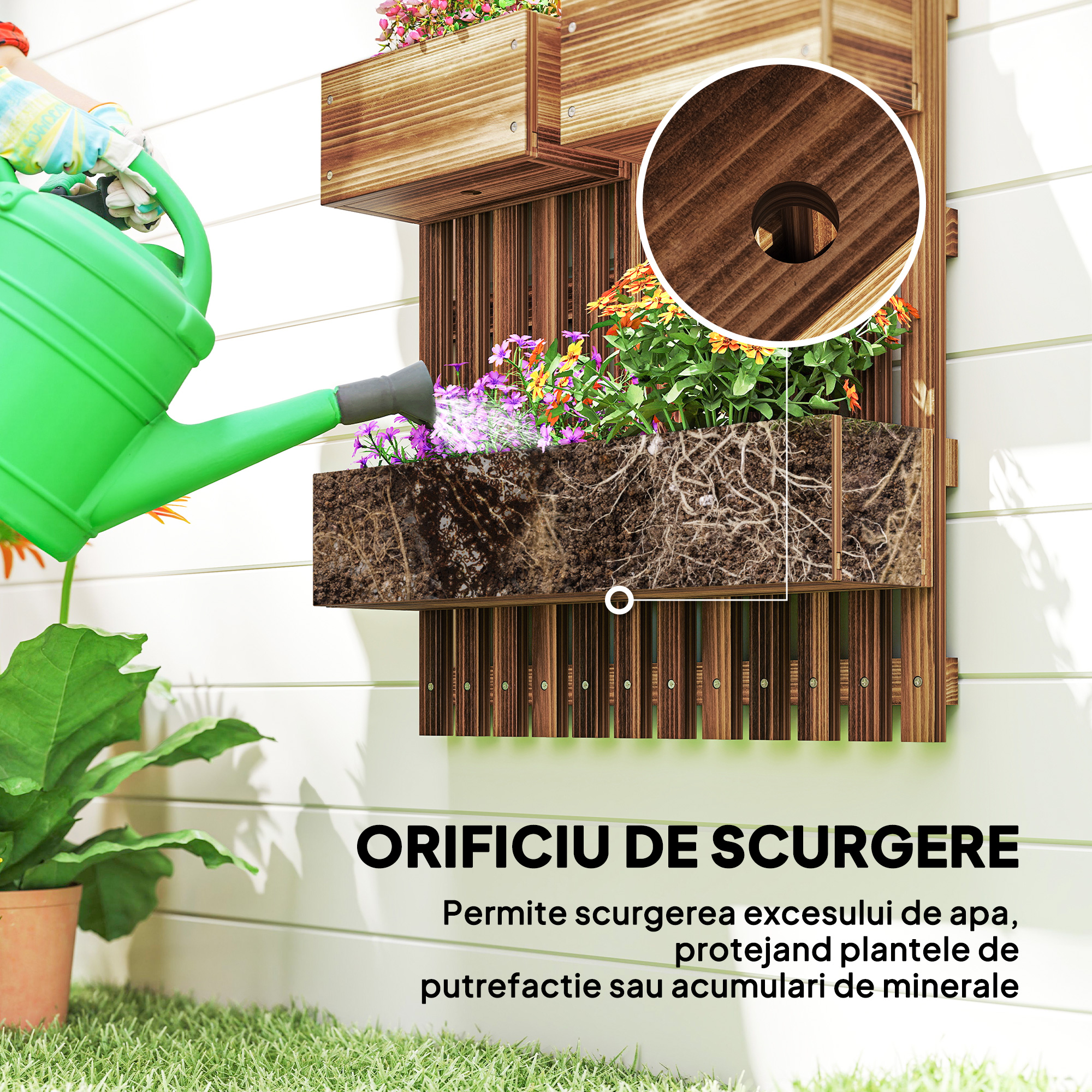  Ghiveci Vertical cu Scanduri si 3 Vase Detasabile, din Lemn de Brad, 60x16x80 cm, Maro Ars [6]