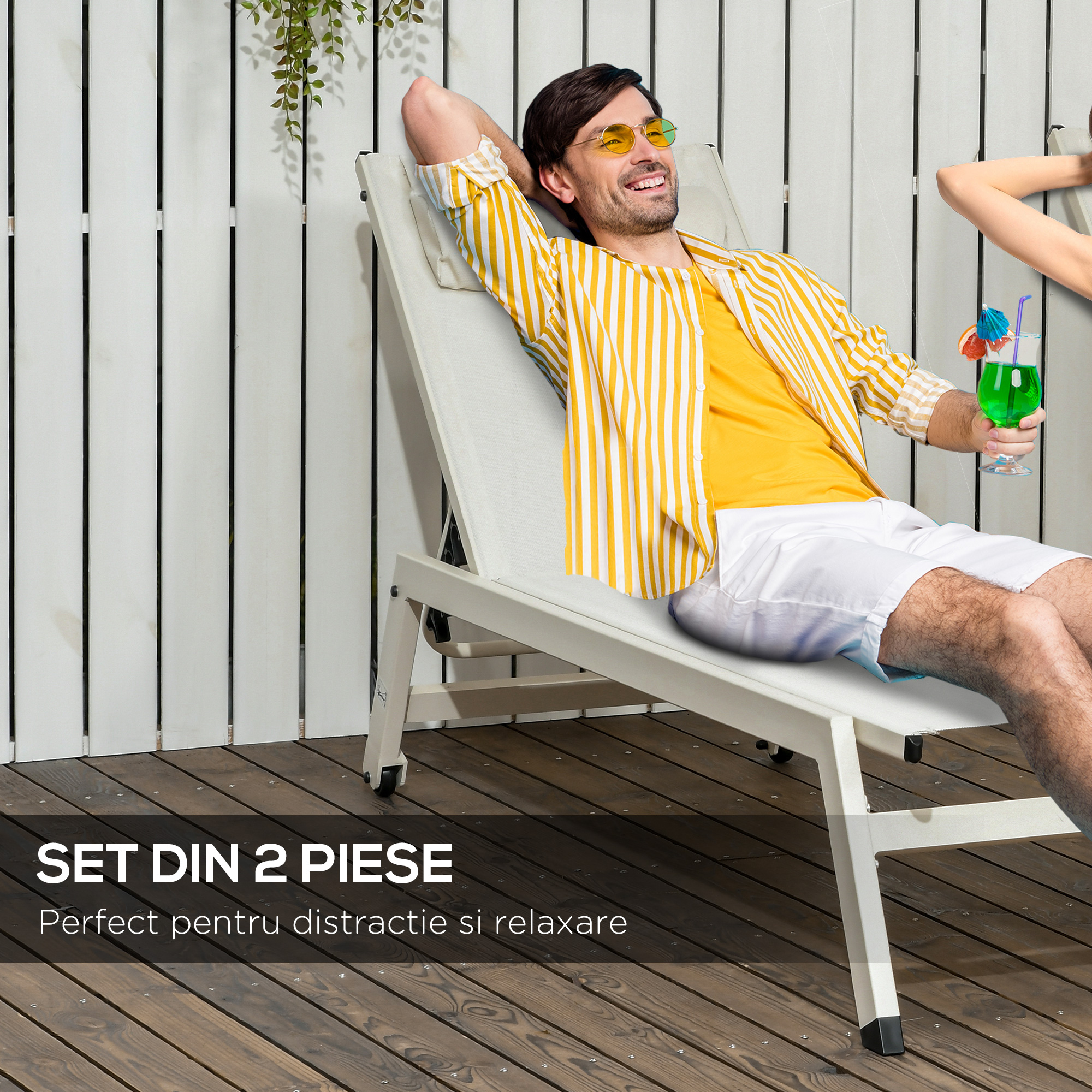  Sezlong din Aluminiu si Poliester, Set  2 Bucati Bej de Gradina cu 5 Niveluri de Inclinare, 55x195x30 cm [3]