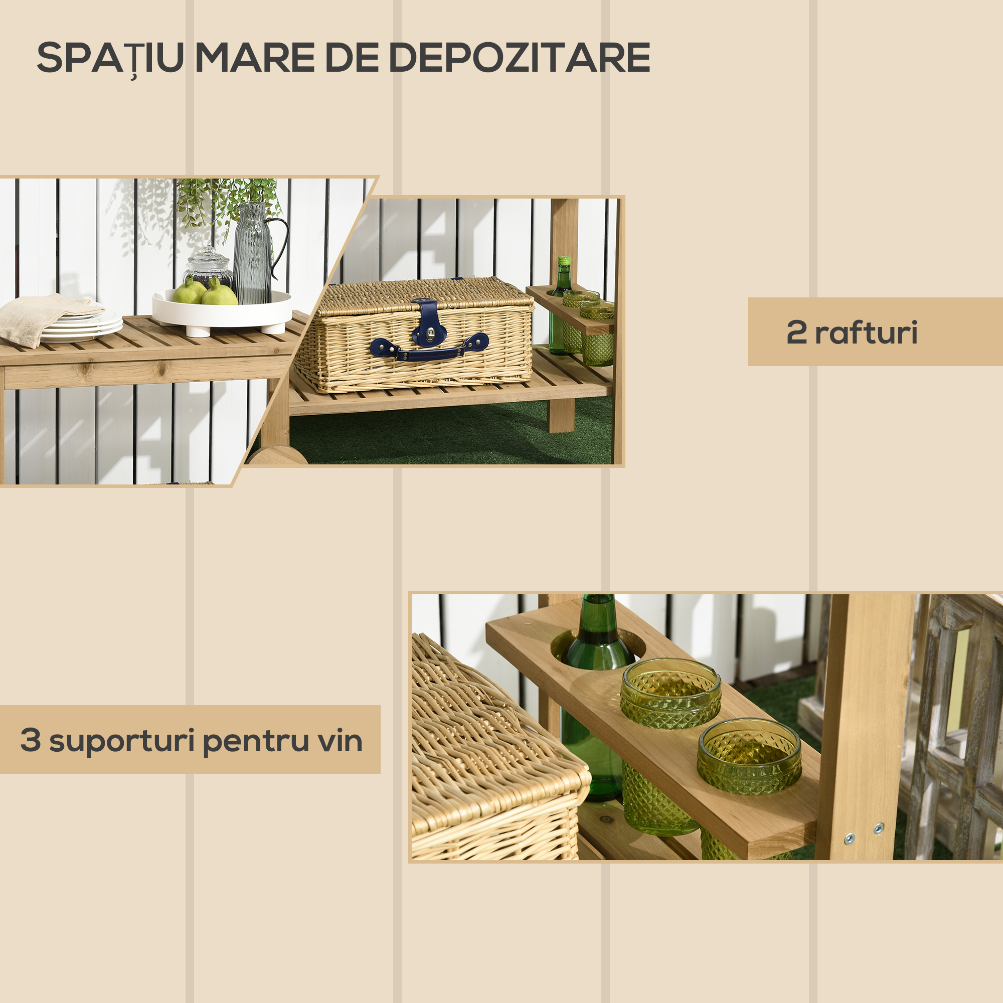  Carucior de Servire pentru Gradina din Lemn de Brad, Carucior cu Rafturi si Suport pentru Sticle, 95x47x74 cm, Natural [3]