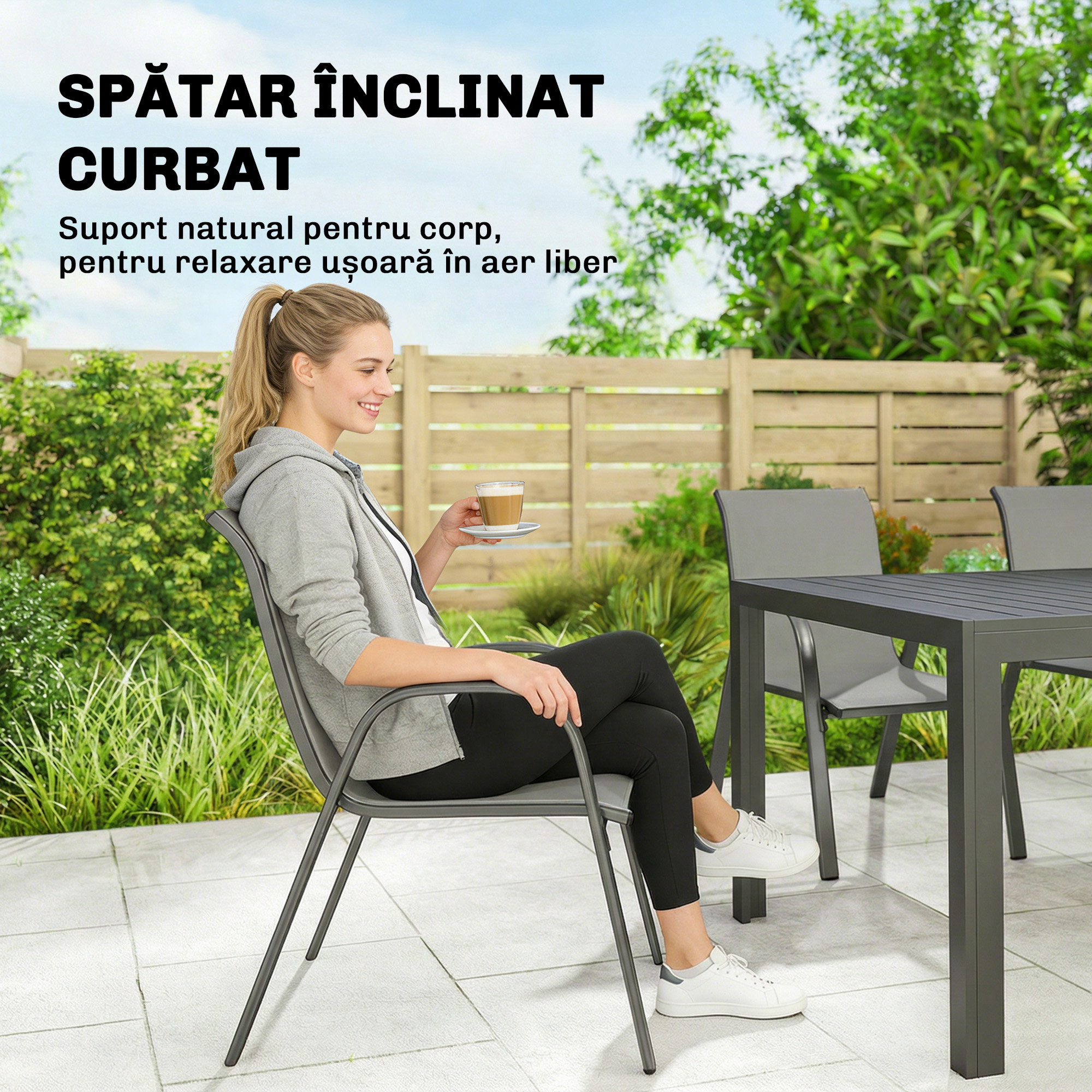  Set Masa si Scaune de Gradina 7 Piese, Set Pranz Exterior cu Masa Dreptunghiulara, 6 Scaune Stivuibile din Textilena, Set Mobilier de Gradina pentru Terasa, Balcon, Patio, Gri Deschis [5]