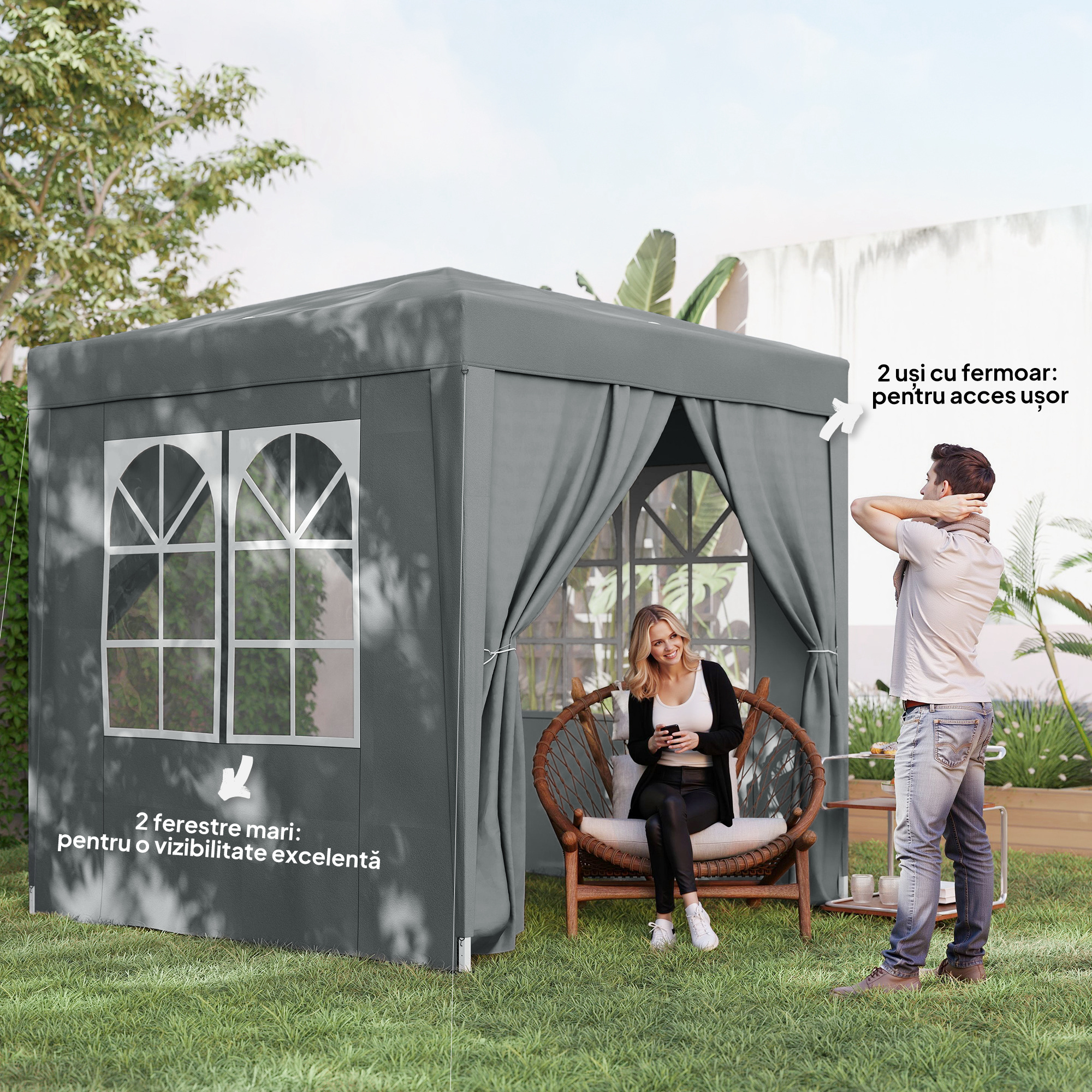  Foisor Pliabil 2x2 m Pop-Up cu 2 Usi, 2 Ferestre, 4 Pereti Detasabili, Foisor de Exterior cu Geanta de Transport din Otel si tesatura Oxford, pentru Gradina, Petreceri, Camping, Gri [6]