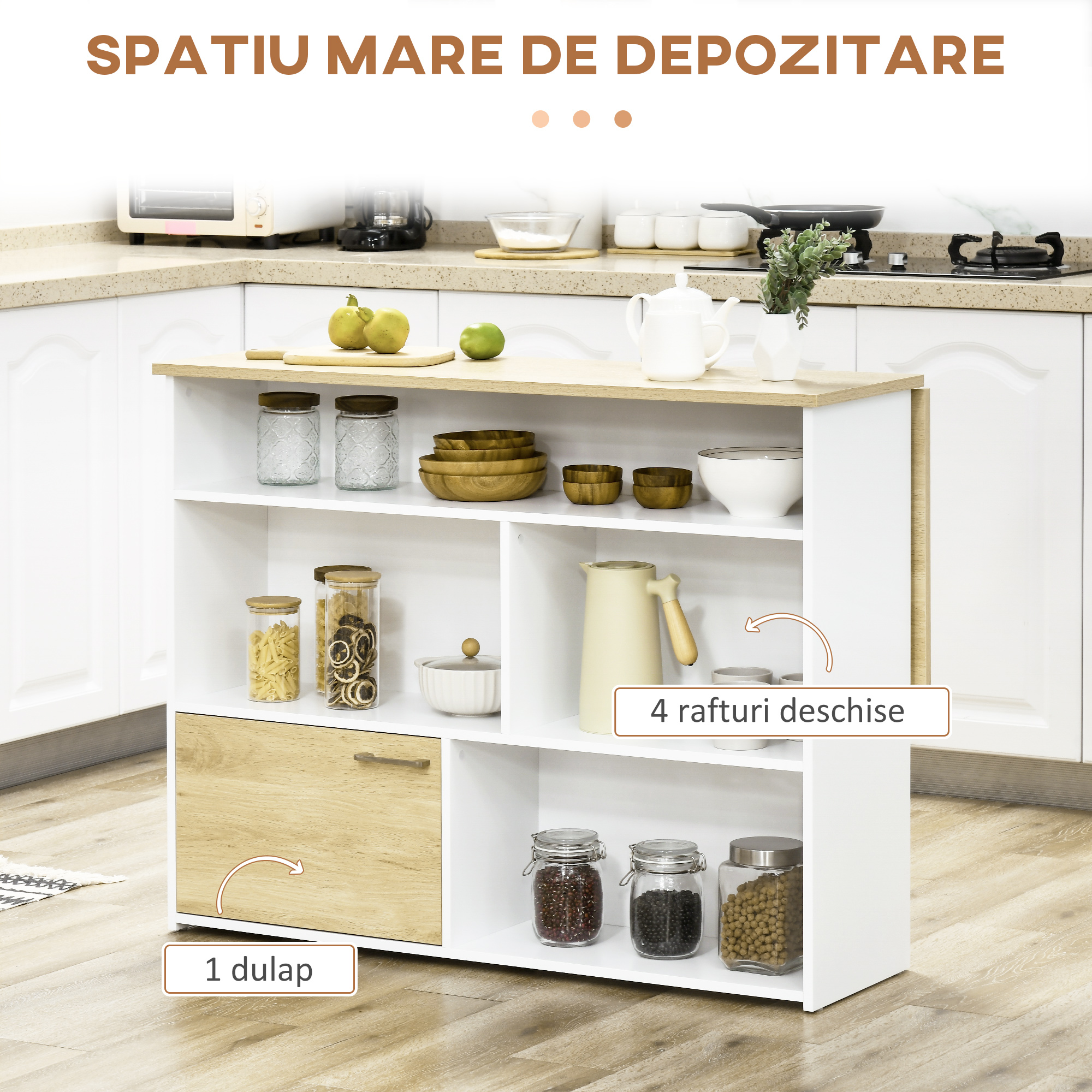  Masa pentru Bar Moderna si Extensibila din MDF pentru 2 Persoane cu 4 Rafturi deschise si Dulapior, 116x79.5x91 cm, Alb si Lemn natur [4]