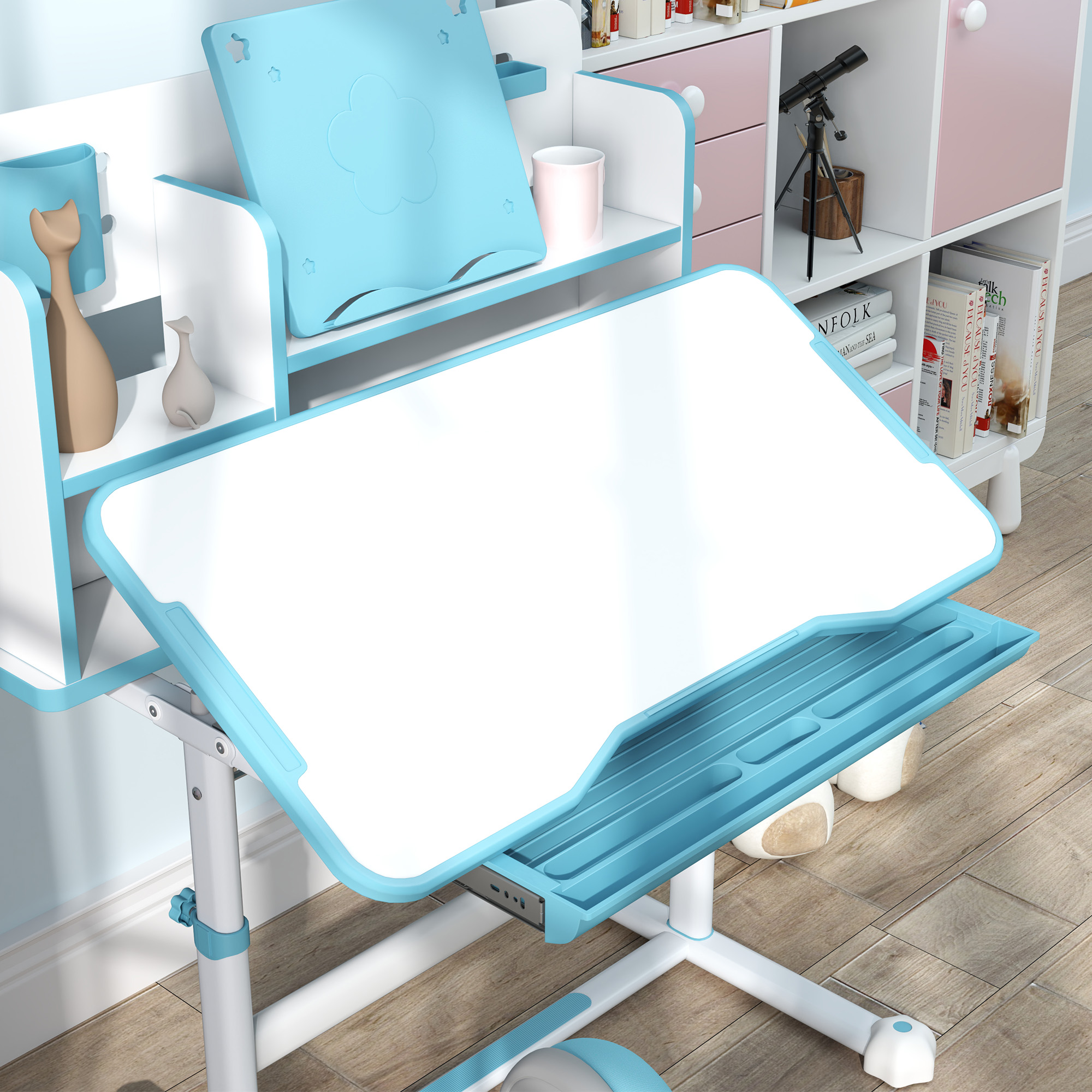  Set Birou si Scaun pentru Copii 3-12 Ani, Reglabil pe inaltime cu Blat inclinabil 0-45° 80×55×107,5 cm, Albastru [7]