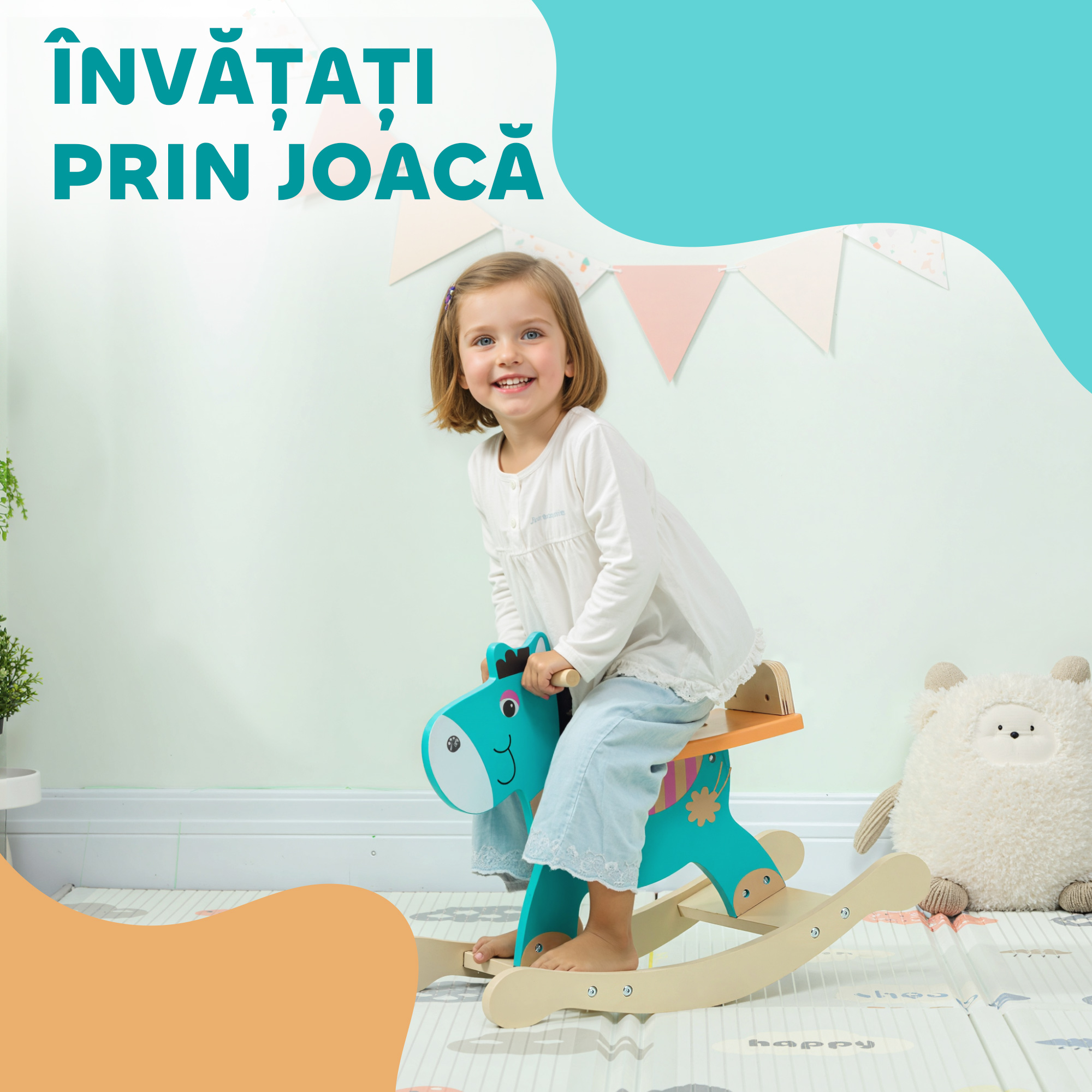  Cal de Lemn in Forma de Magar pentru Copii cu Baza Larga, din Lemn, 59x27x43 cm, Verde inchis si Portocaliu [6]