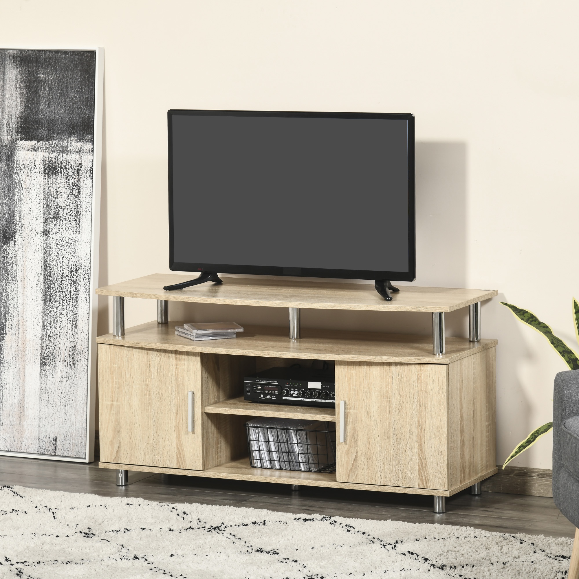  Mobilier TV Modern cu 2 Rafturi, Gauri cablu si 2 Dulapioare in PAL 105x40x55cm Stejar [1]