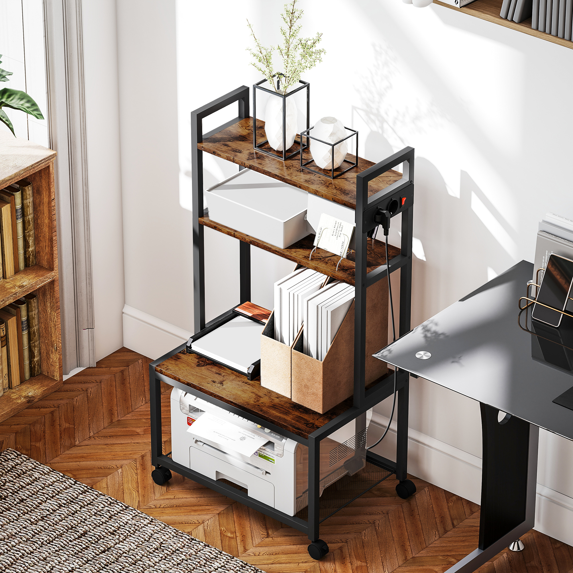  Raft Mobil pentru Imprimanta cu 4 Niveluri, Prize de Curent, Roti si Cadru din Metal, 55x37.5x100 cm, Maro [7]