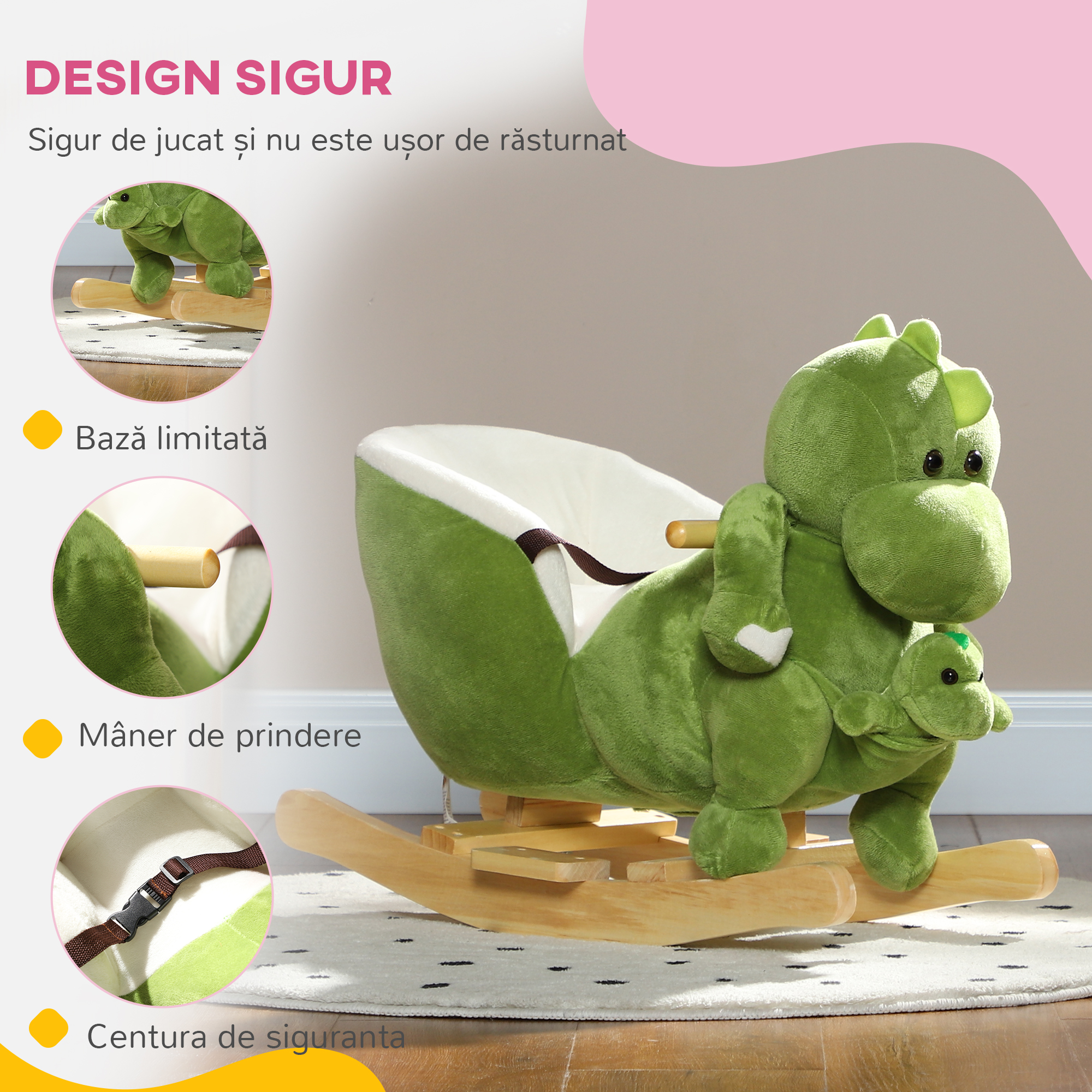  Balansoar pentru Copii 18-36 Luni in Forma de Dinozaur cu Sunete si Acoperire Moale, Verde [5]