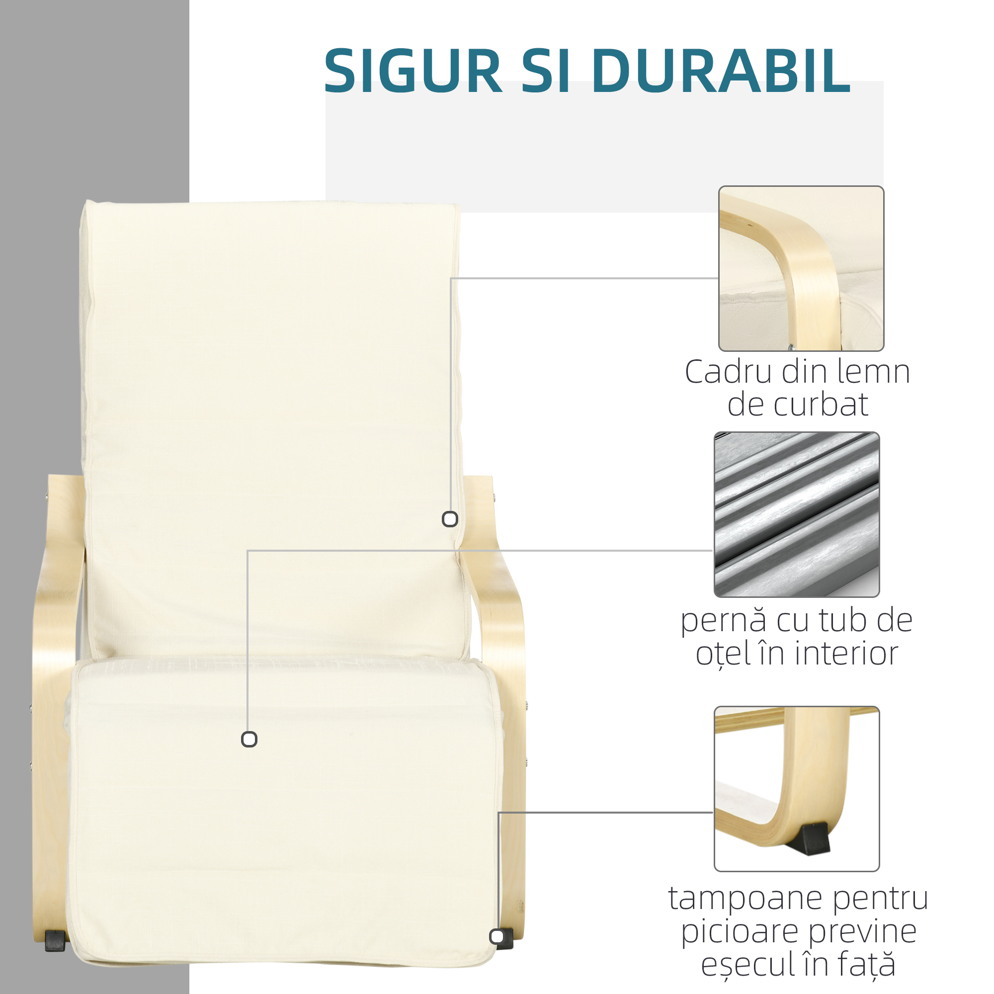  Fotoliu Relax cu Suport pentru Picioare Reglabil pe 5 Niveluri si Tetiera, Cadru din Lemn de Mesteacan si tesatura, 66,5x94x100 cm, Crem [5]