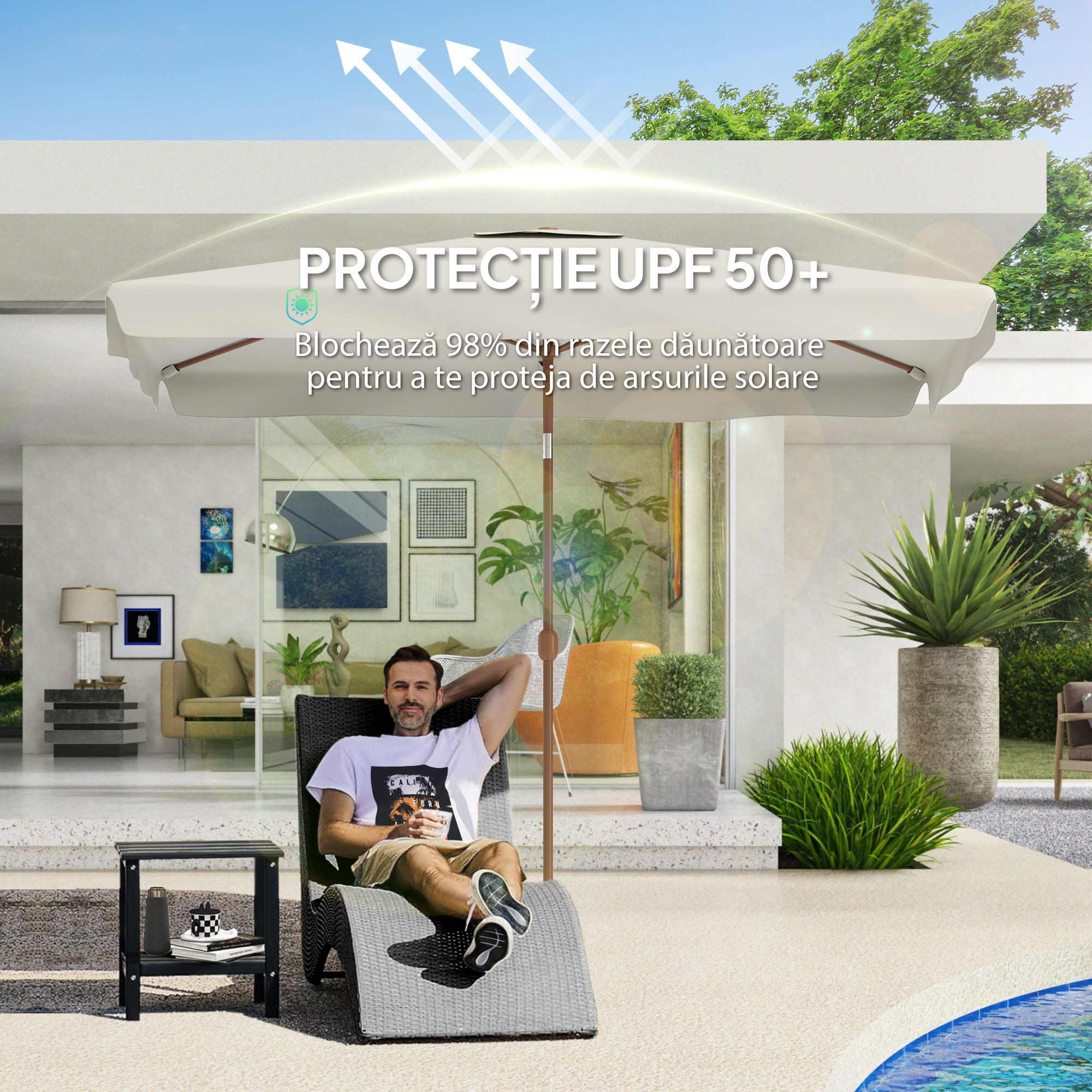  Umbrela dreptunghiulara de gradina 2x3 m cu manivela, din metal si poliester, crem [4]