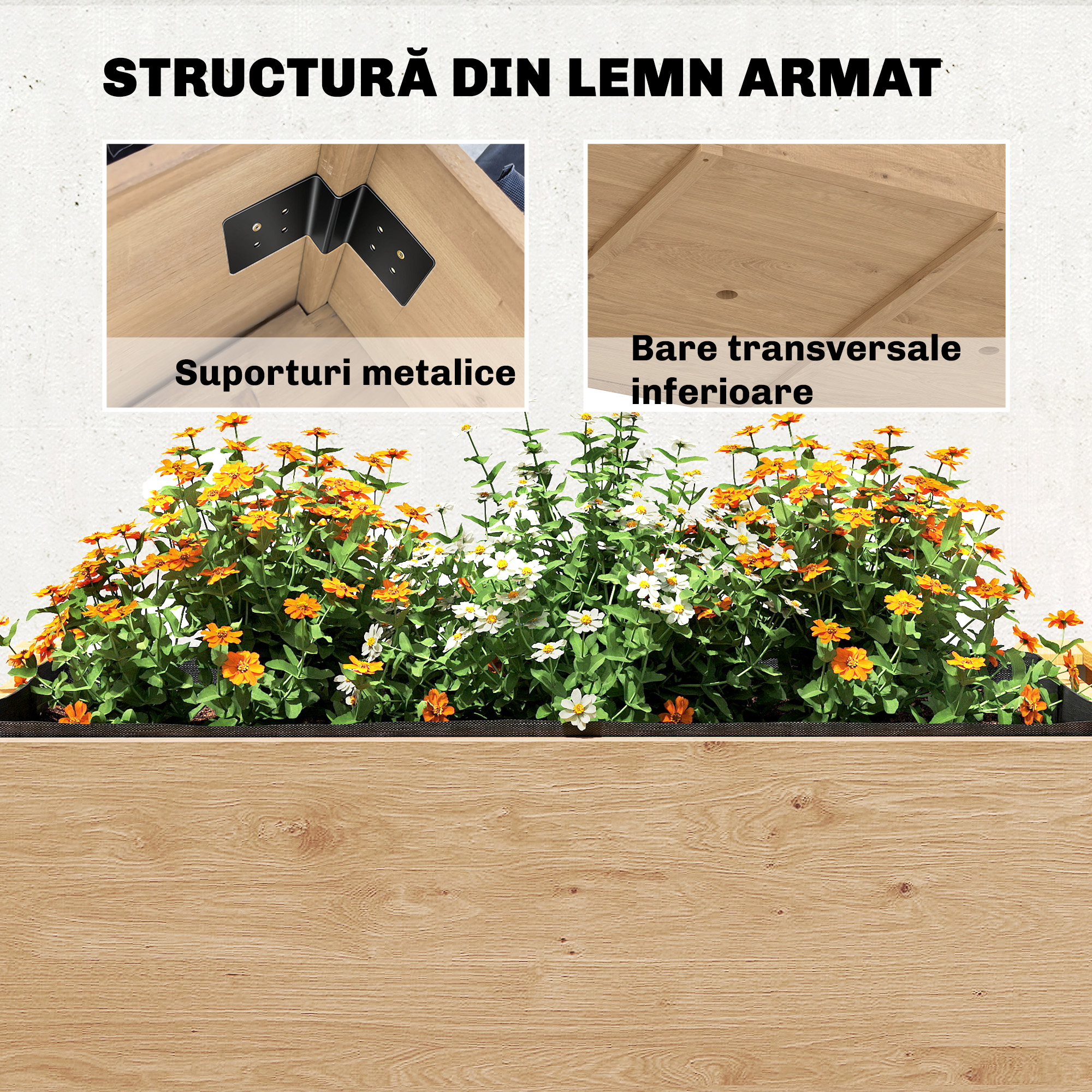  Jardiniera inaltata pe 2 Niveluri cu Rafturi Laterale si Inferior, Fabricata din Lemn de Brad cu Captuseala si Orificii de Drenare, pentru Flori si Legume, 119,5x102x76,5cm, Maro Deschis [6]