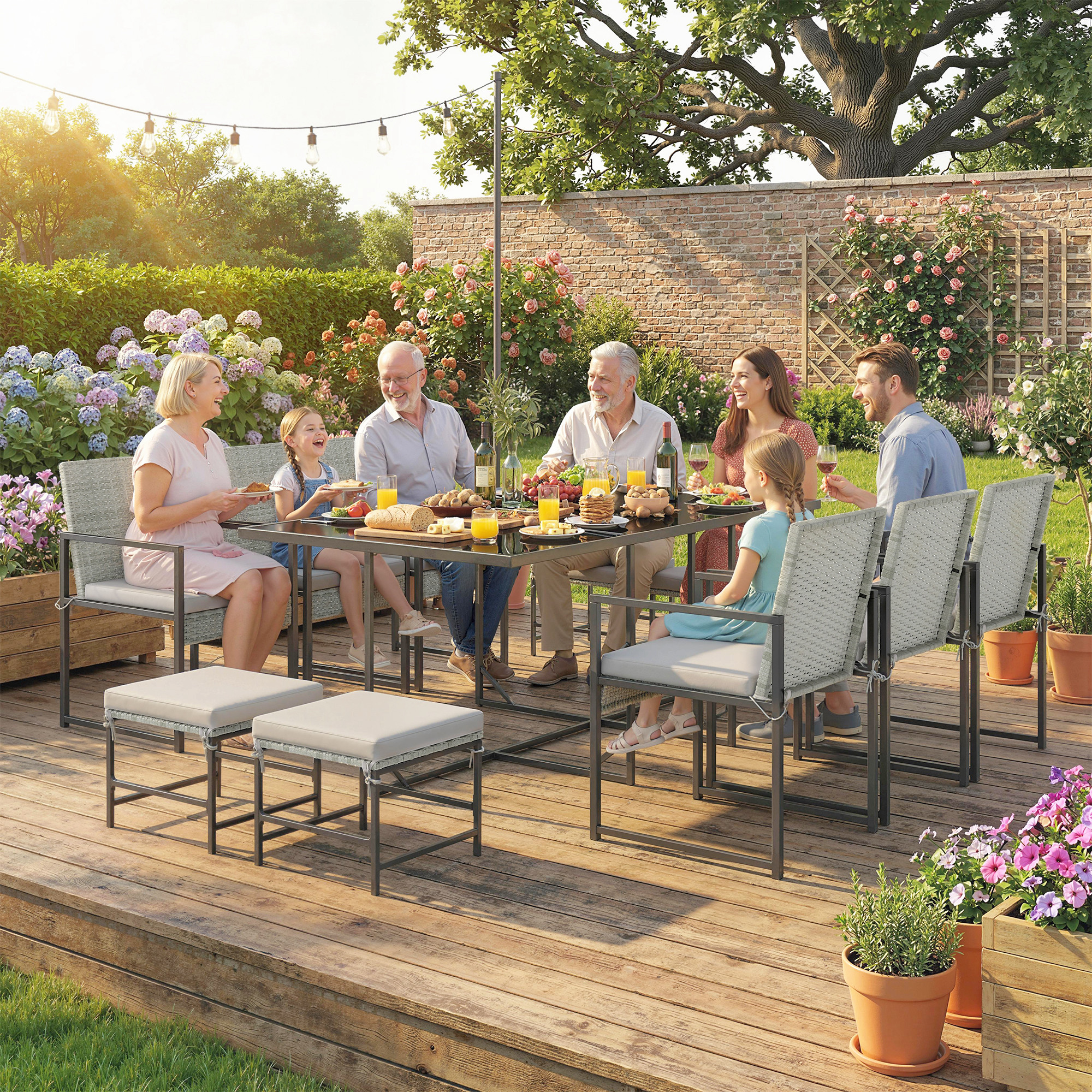  Set de dining pentru patio 11 piese, mobilier exterior cu 6 fotolii, 4 pouf, gri [1]