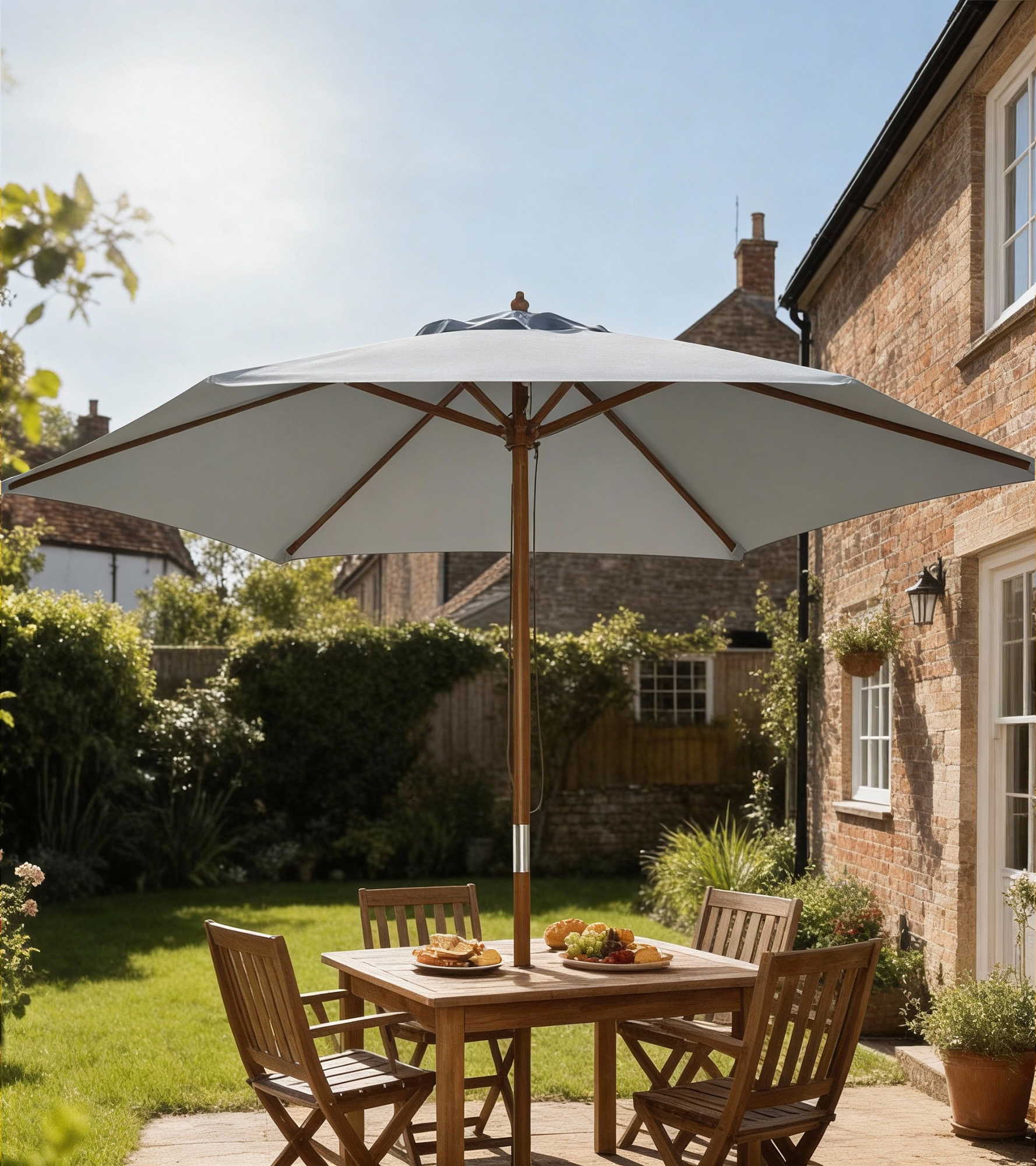  Umbrela de Gradina 2.5x2.3m, Umbrela Parasolar cu a 6 Nervuri din Lemn si Poliester, Alb Crem [7]