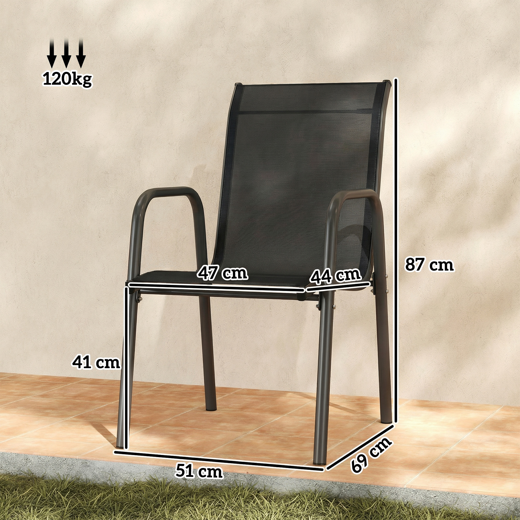  Set 6 Scaune Empilabile si Respirabile cu Cotiere si Spatar inalt, din Metal si Poliester, 51L x 69A x 87i cm, Negru [2]